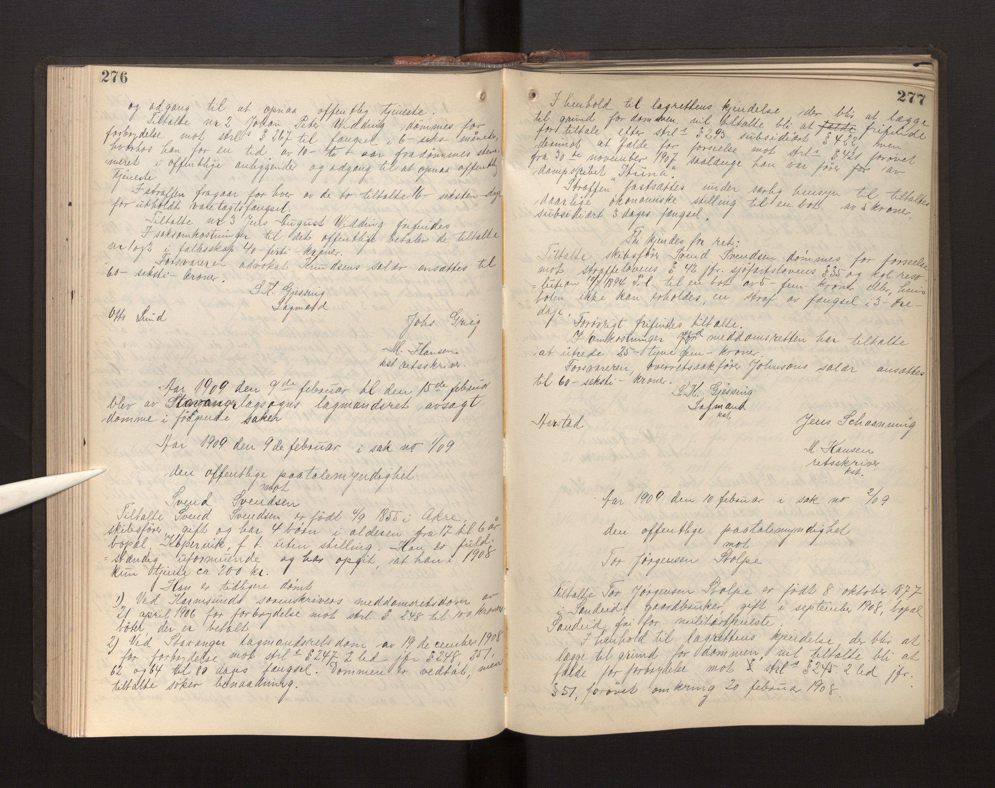 Gulating lagmannsrett, AV/SAB-A-60201/D/Da/L0002: Domsprotokoll for straffesaker - Gula- og Frostating lagdømme., 1906-1910, p. 276-277