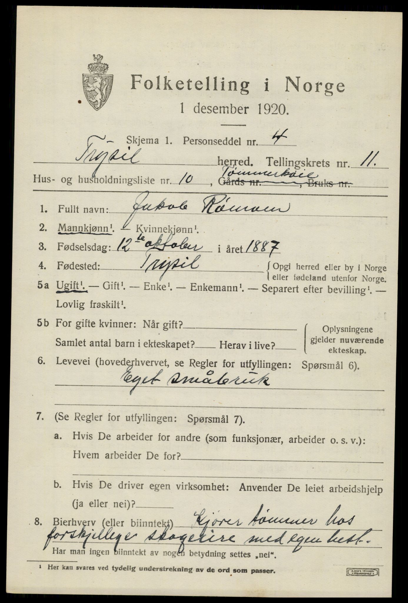 SAH, 1920 census for Trysil, 1920, p. 7069