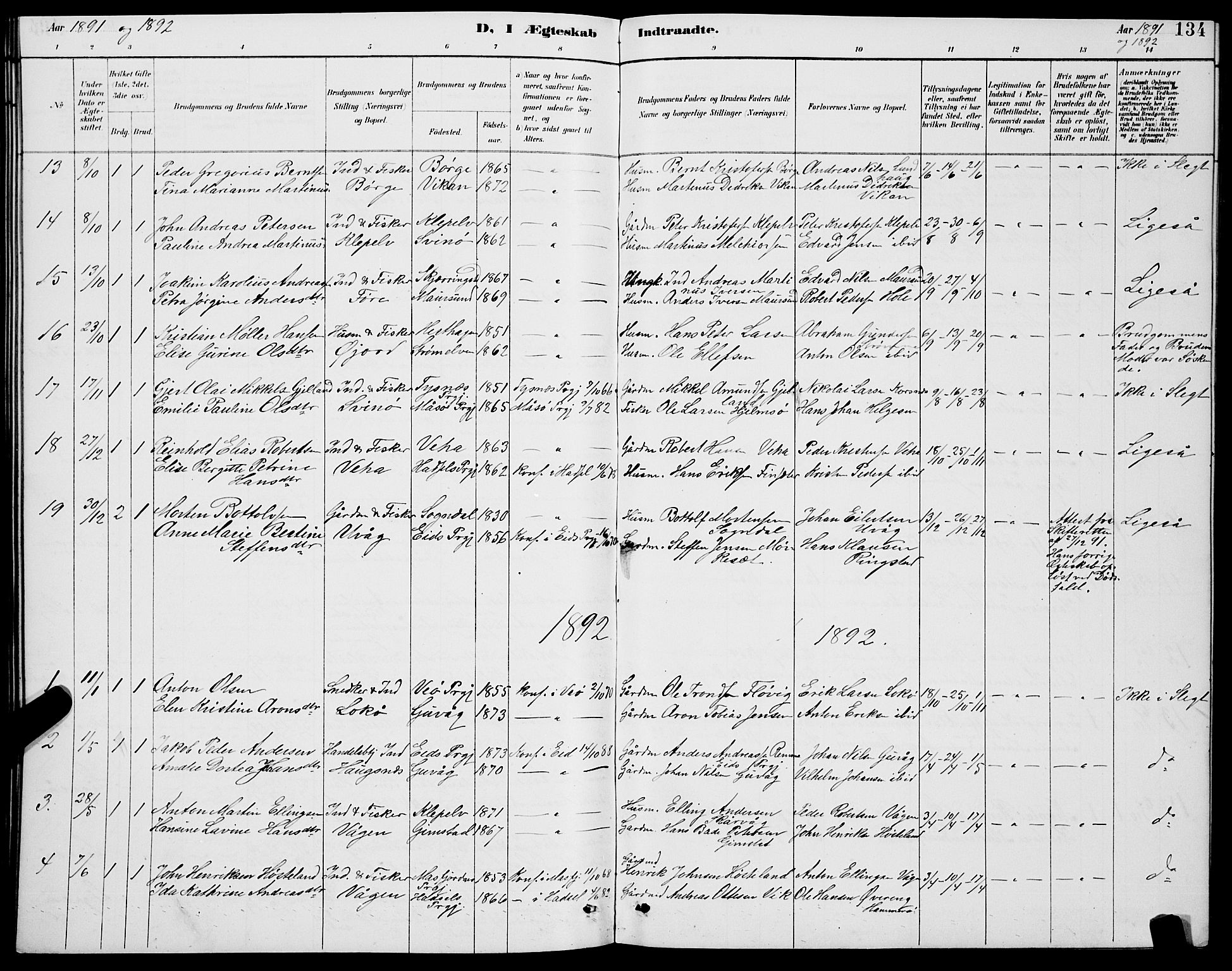 Ministerialprotokoller, klokkerbøker og fødselsregistre - Nordland, SAT/A-1459/891/L1315: Parish register (copy) no. 891C04, 1886-1893, p. 134
