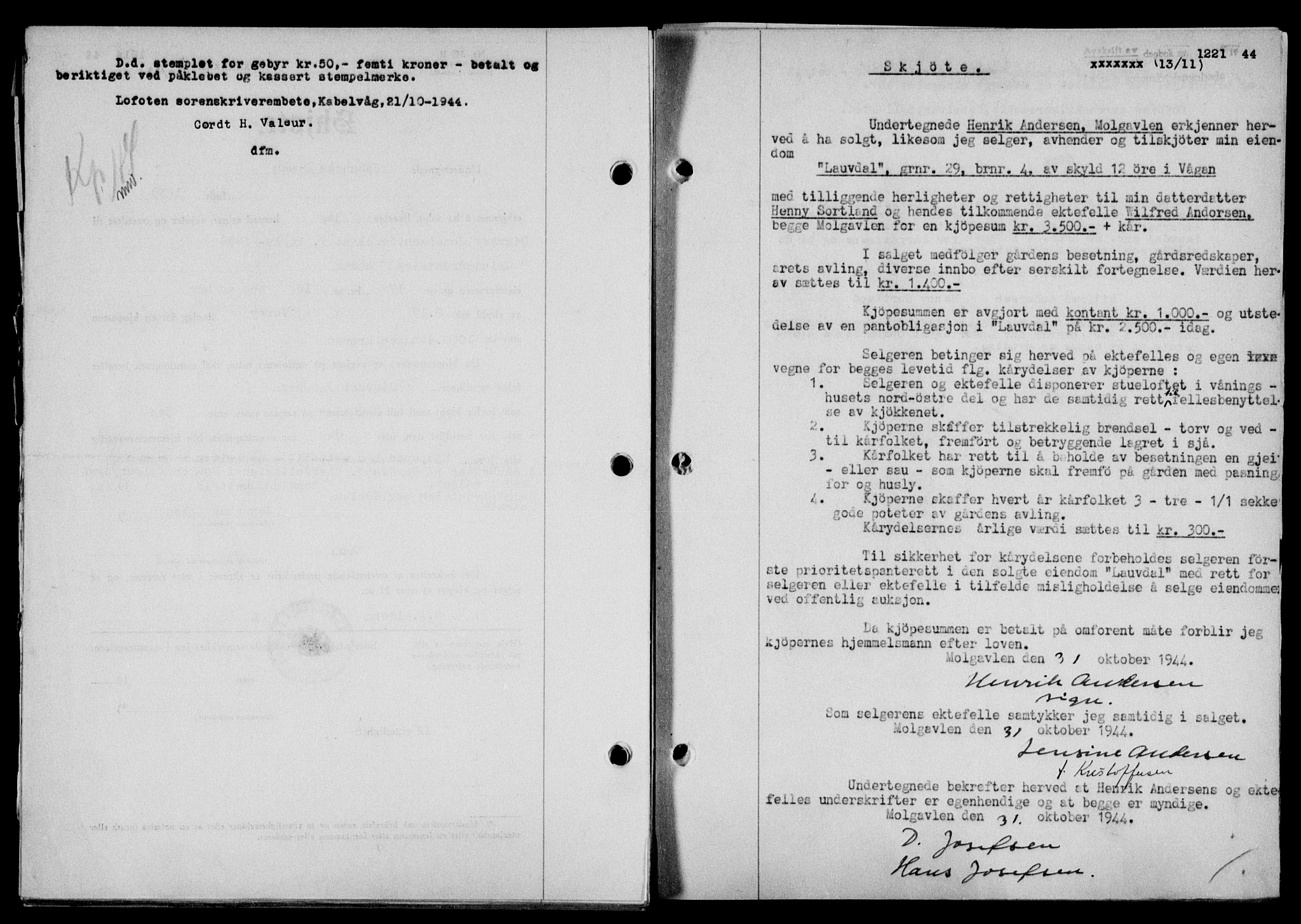 Lofoten sorenskriveri, SAT/A-0017/1/2/2C/L0012a: Mortgage book no. 12a, 1943-1944, Diary no: : 1221/1944