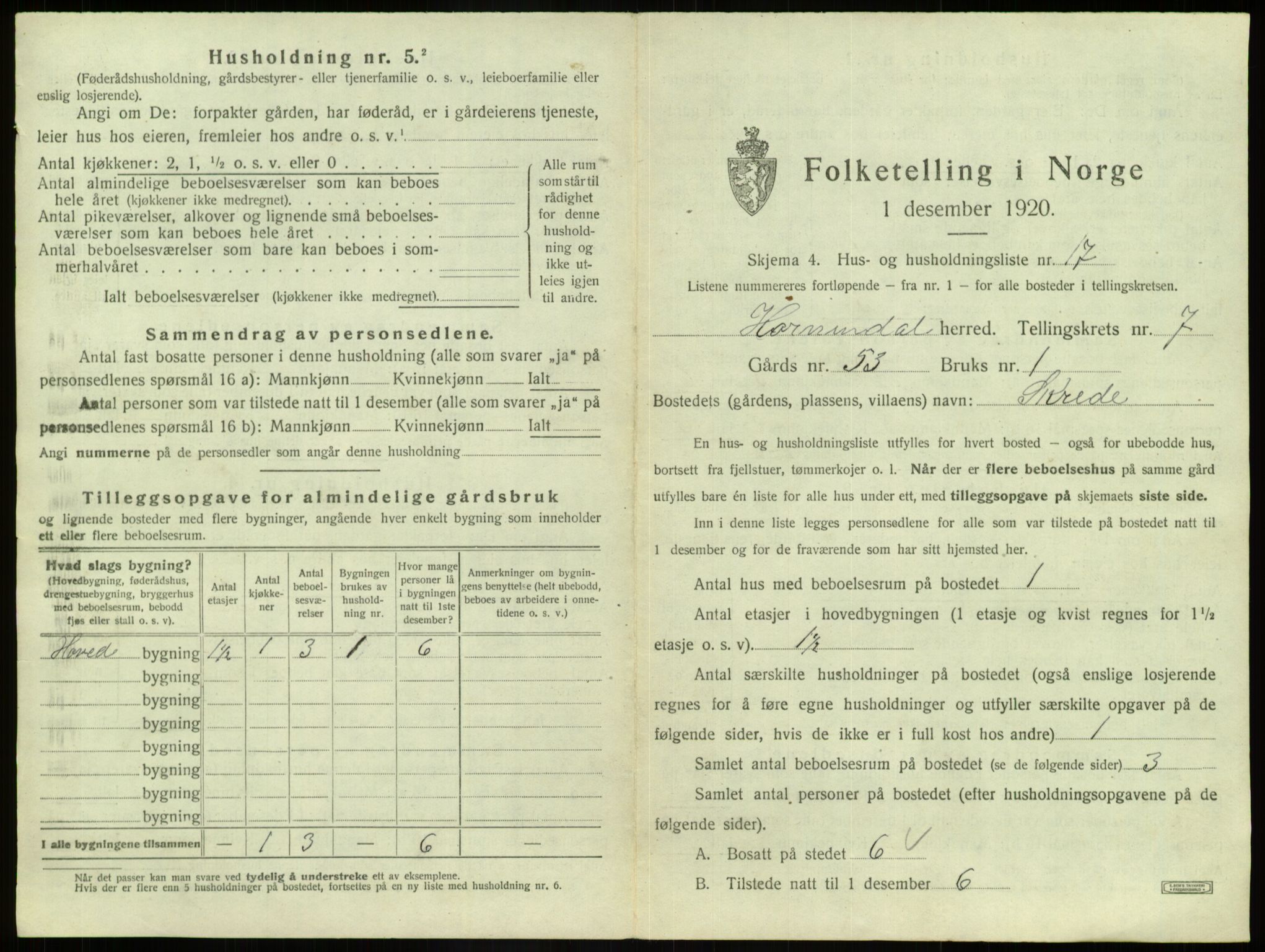 SAB, 1920 census for Hornindal, 1920, p. 505