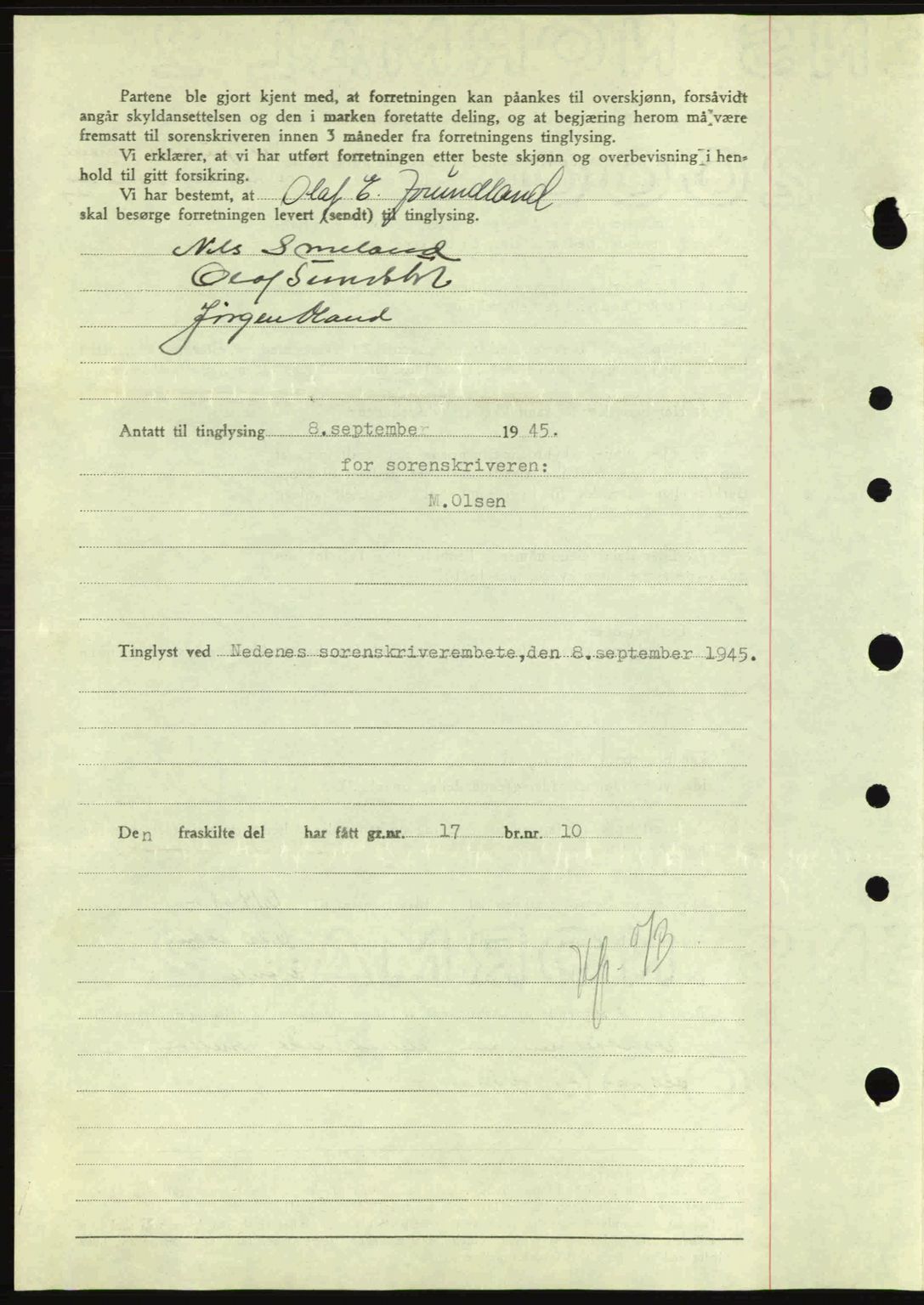 Nedenes sorenskriveri, AV/SAK-1221-0006/G/Gb/Gba/L0052: Mortgage book no. A6a, 1944-1945, Diary no: : 647/1945