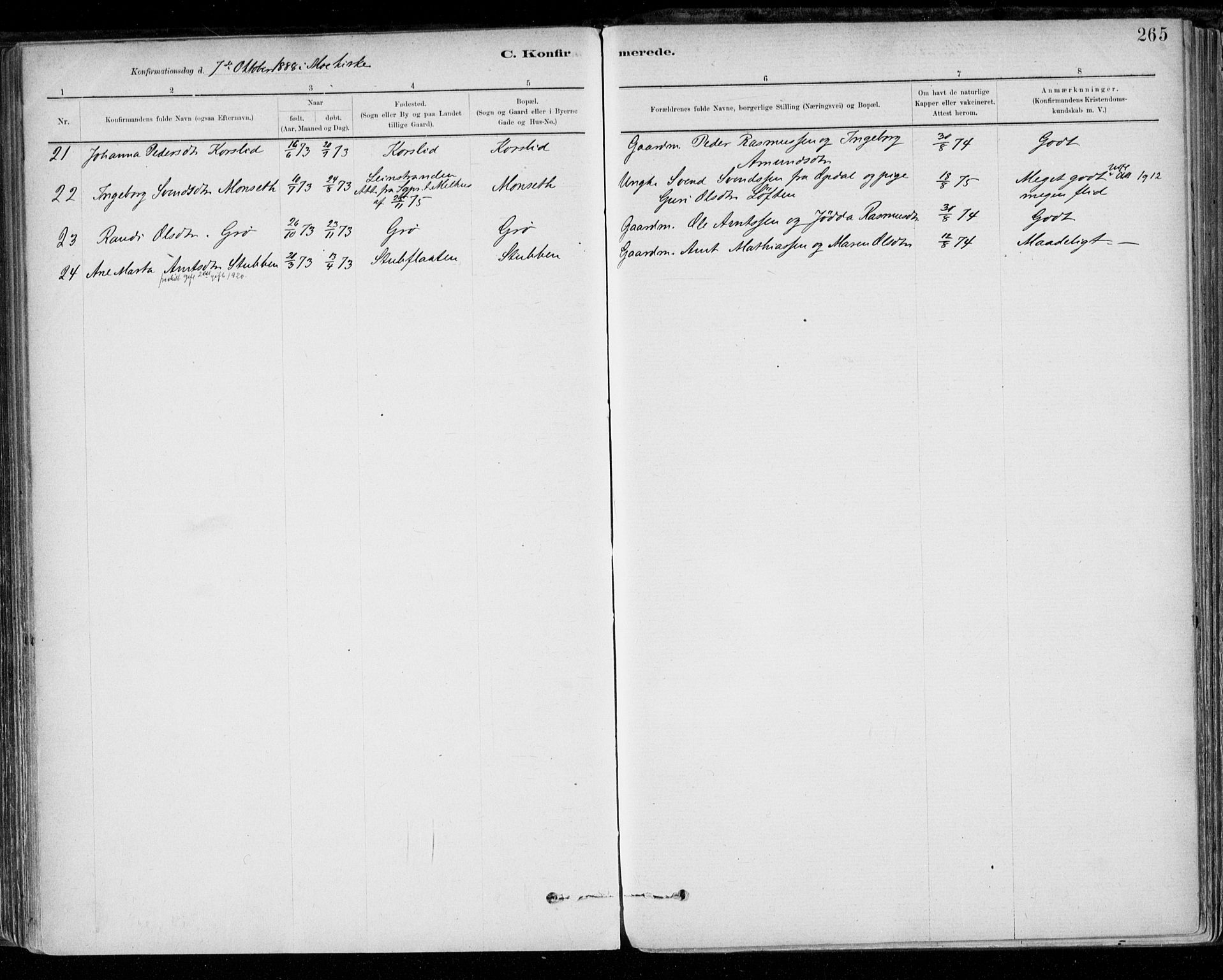 Ministerialprotokoller, klokkerbøker og fødselsregistre - Sør-Trøndelag, SAT/A-1456/668/L0809: Parish register (official) no. 668A09, 1881-1895, p. 265