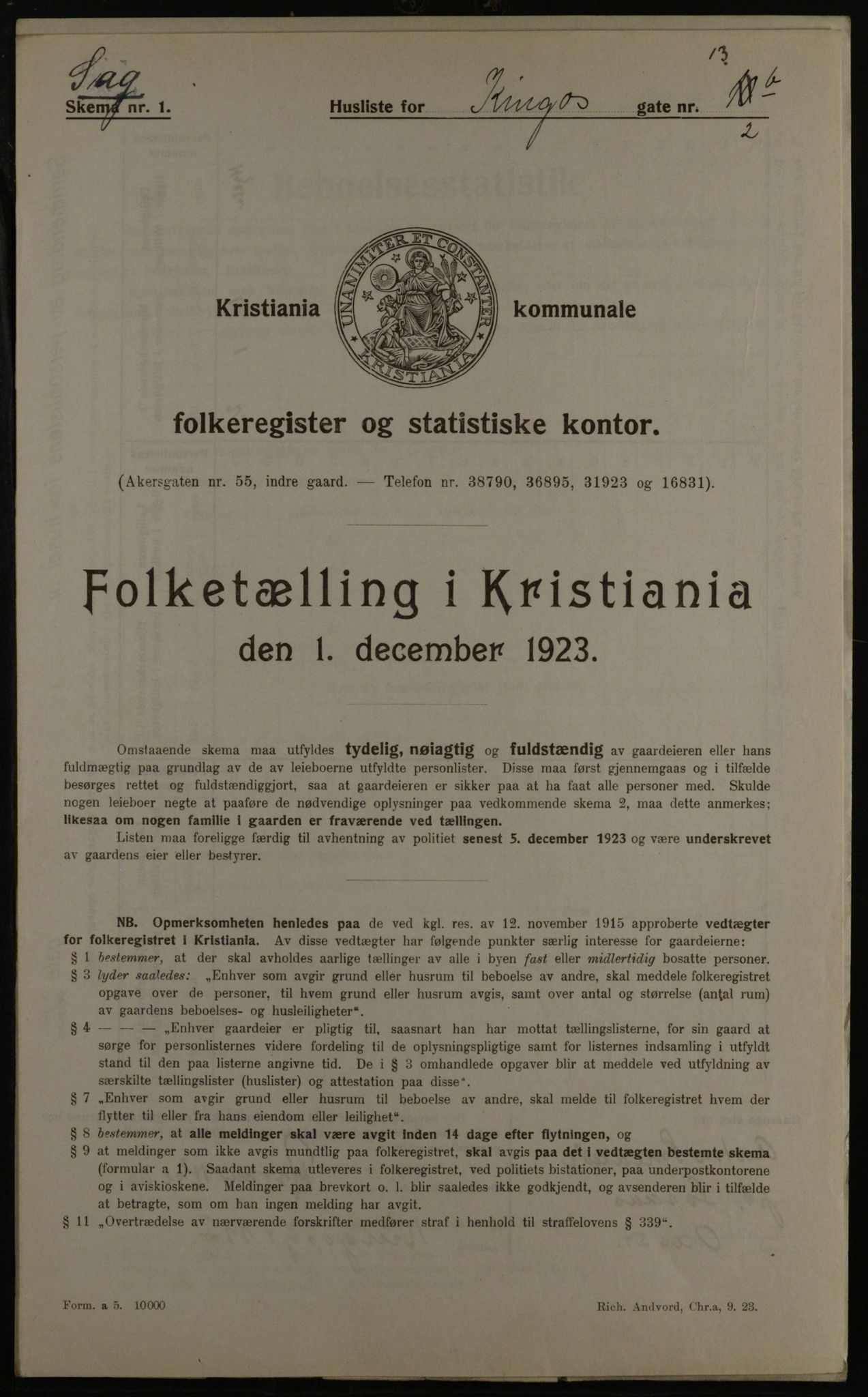 OBA, Municipal Census 1923 for Kristiania, 1923, p. 55508