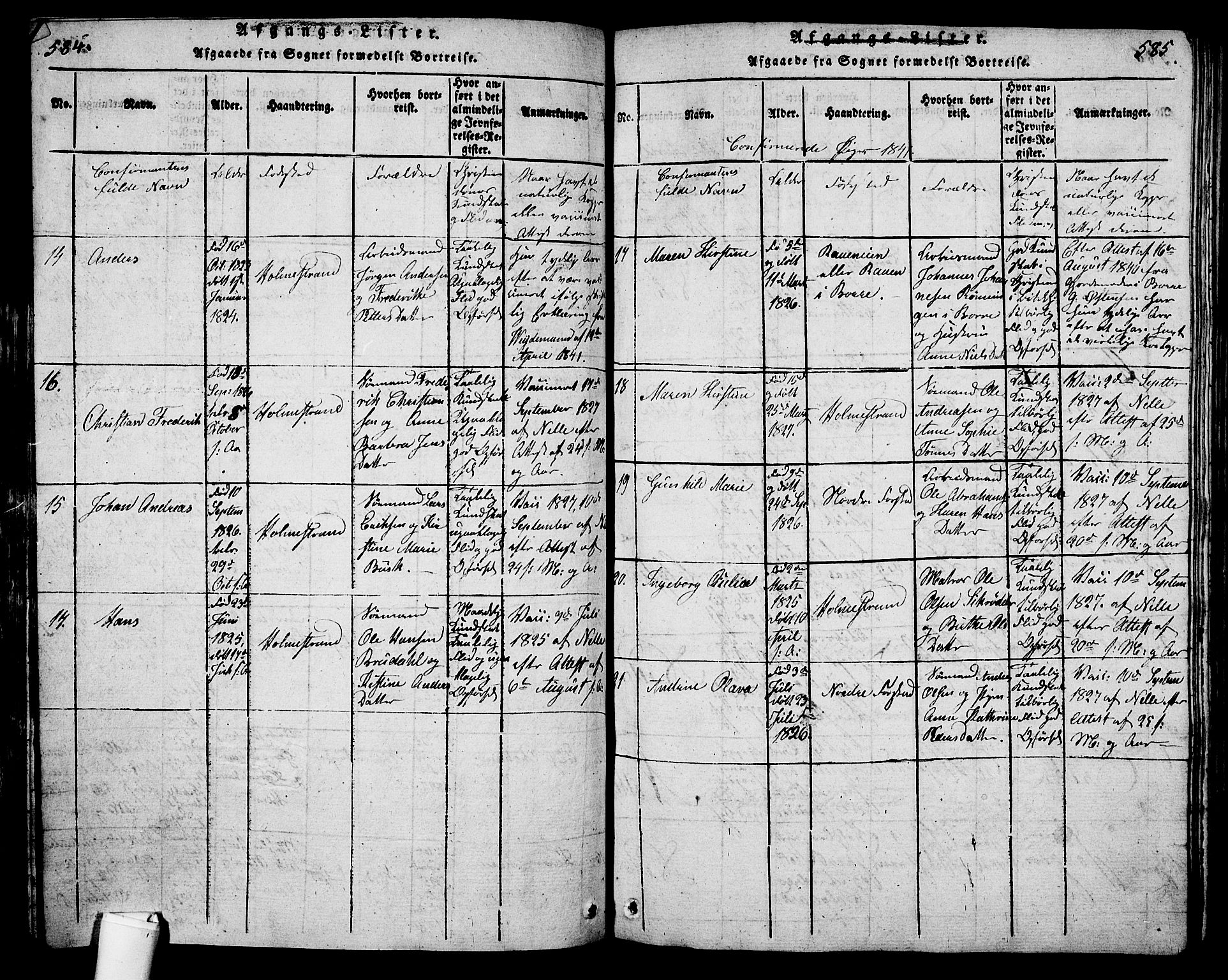 Holmestrand kirkebøker, SAKO/A-346/G/Ga/L0001: Parish register (copy) no. 1, 1814-1848, p. 584-585