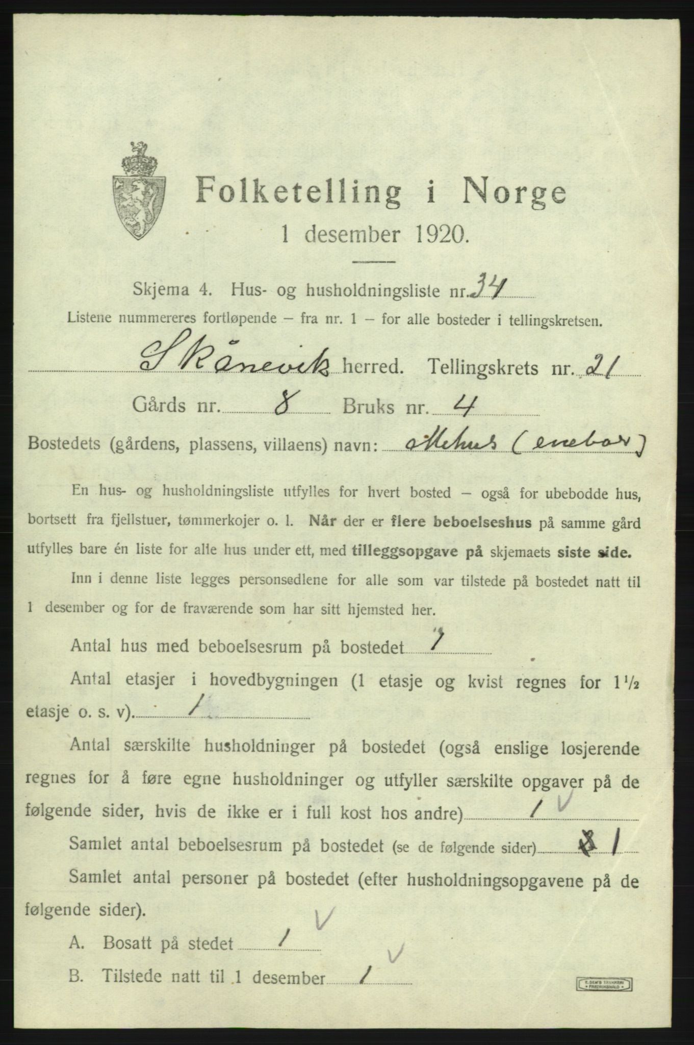 SAB, 1920 census for Skånevik, 1920, p. 2242