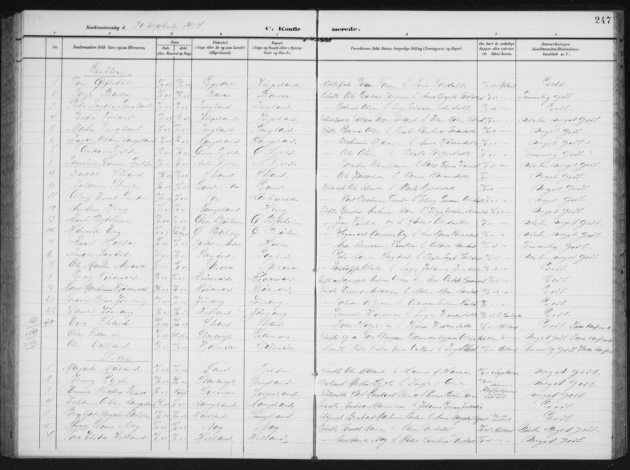 Strand sokneprestkontor, SAST/A-101828/H/Ha/Hab/L0005: Parish register (copy) no. B 5, 1904-1934, p. 247