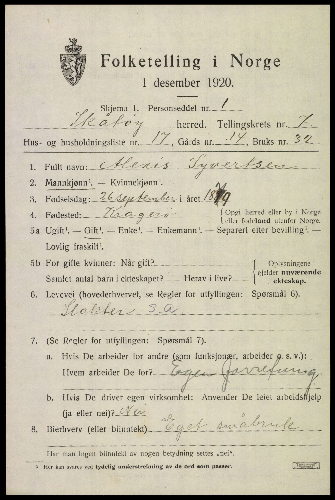 SAKO, 1920 census for Skåtøy, 1920, p. 5484