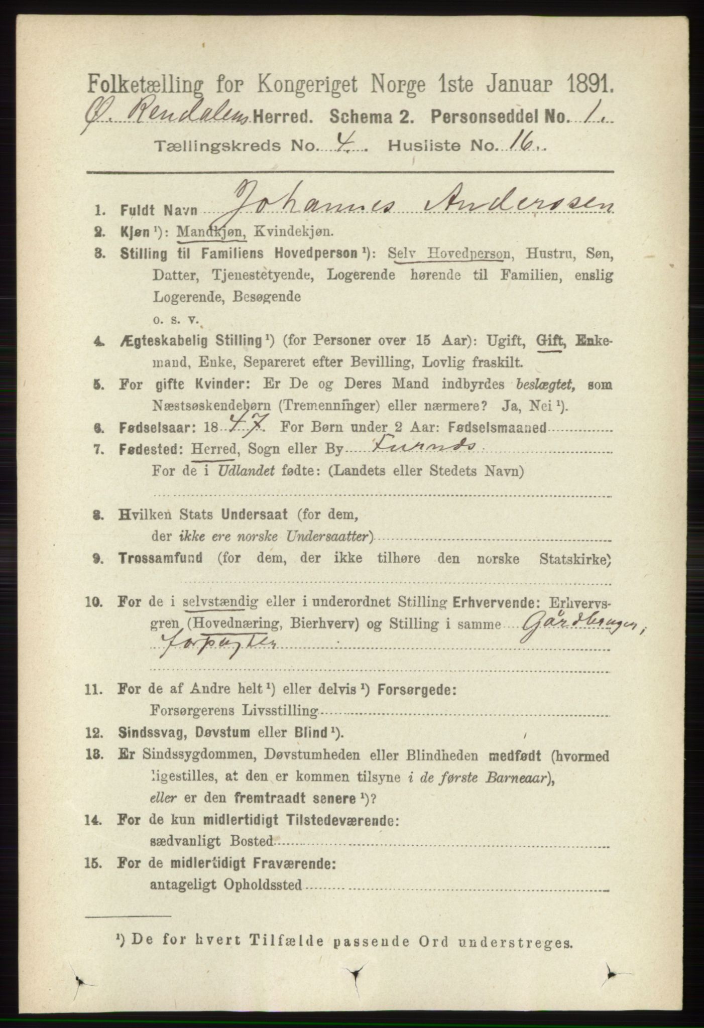 RA, 1891 census for 0433 Øvre Rendal, 1891, p. 1060