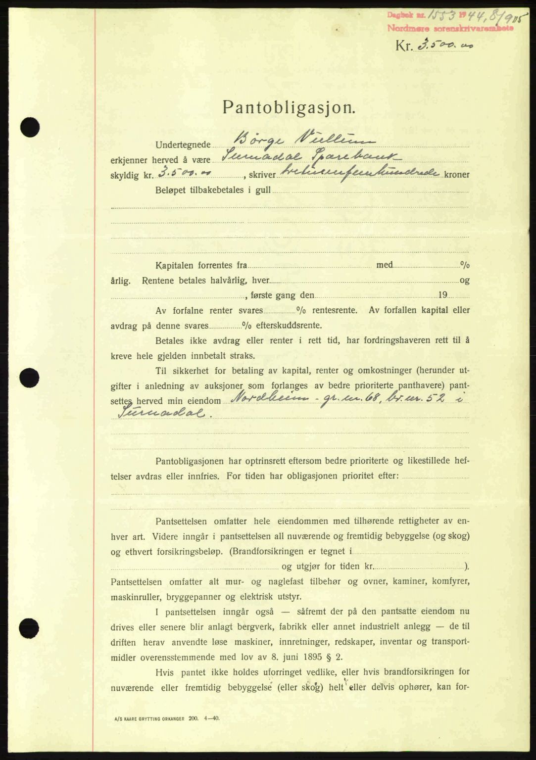 Nordmøre sorenskriveri, AV/SAT-A-4132/1/2/2Ca: Mortgage book no. B92, 1944-1945, Diary no: : 1553/1944