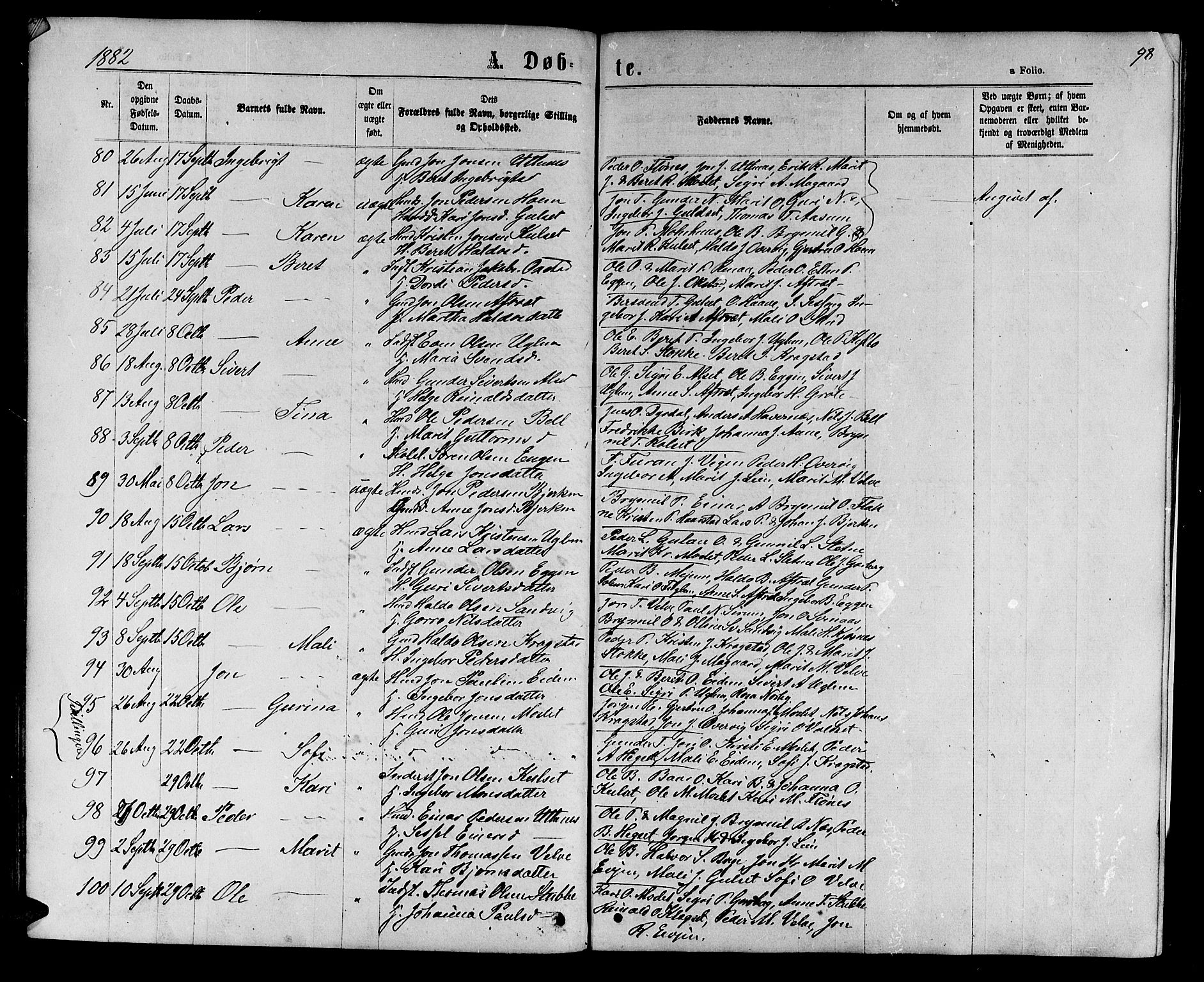 Ministerialprotokoller, klokkerbøker og fødselsregistre - Sør-Trøndelag, AV/SAT-A-1456/695/L1156: Parish register (copy) no. 695C07, 1869-1888, p. 98