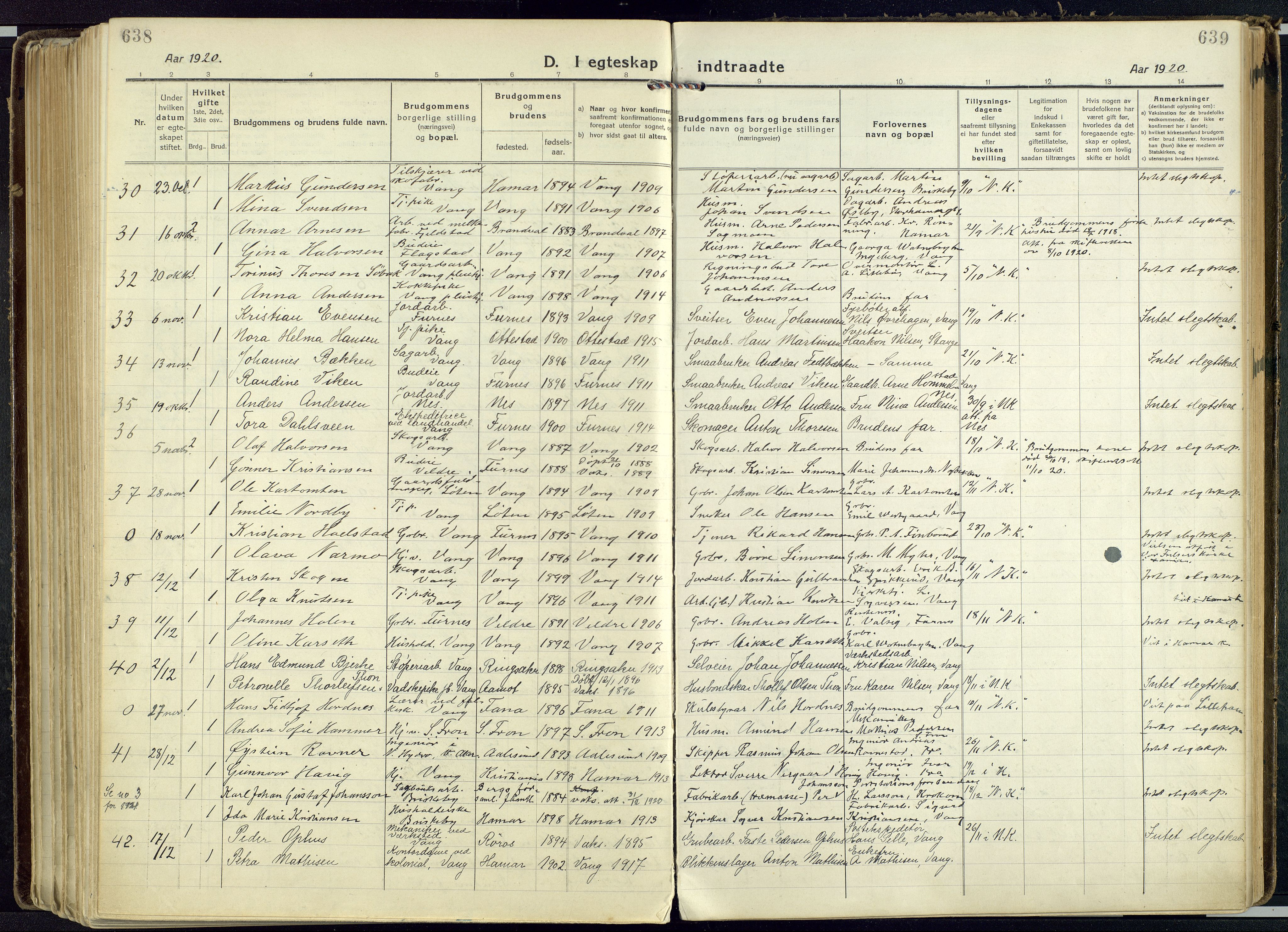 Vang prestekontor, Hedmark, SAH/PREST-008/H/Ha/Haa/L0022: Parish register (official) no. 22, 1918-1944, p. 638-639