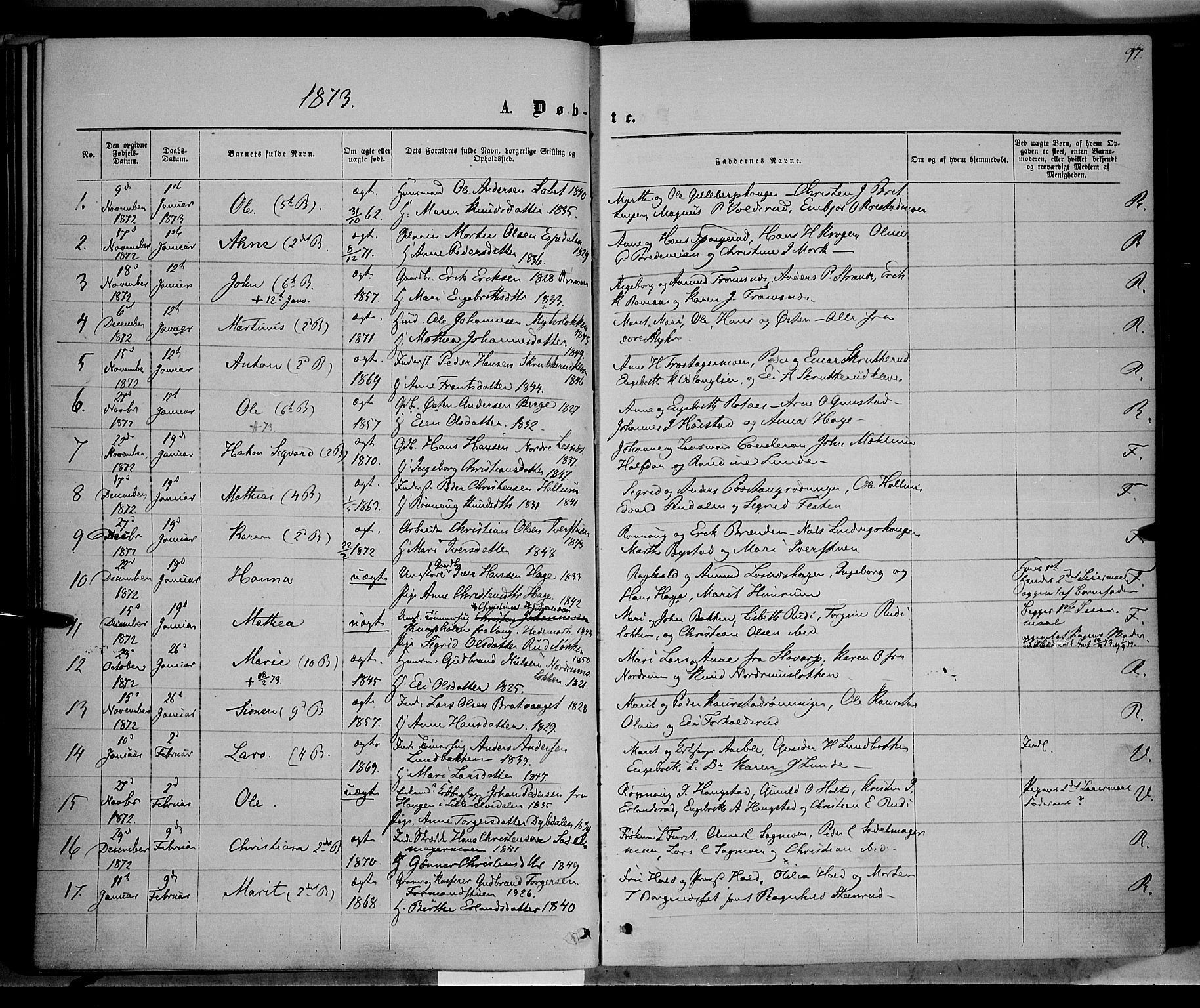 Ringebu prestekontor, SAH/PREST-082/H/Ha/Haa/L0007: Parish register (official) no. 7, 1860-1877, p. 97