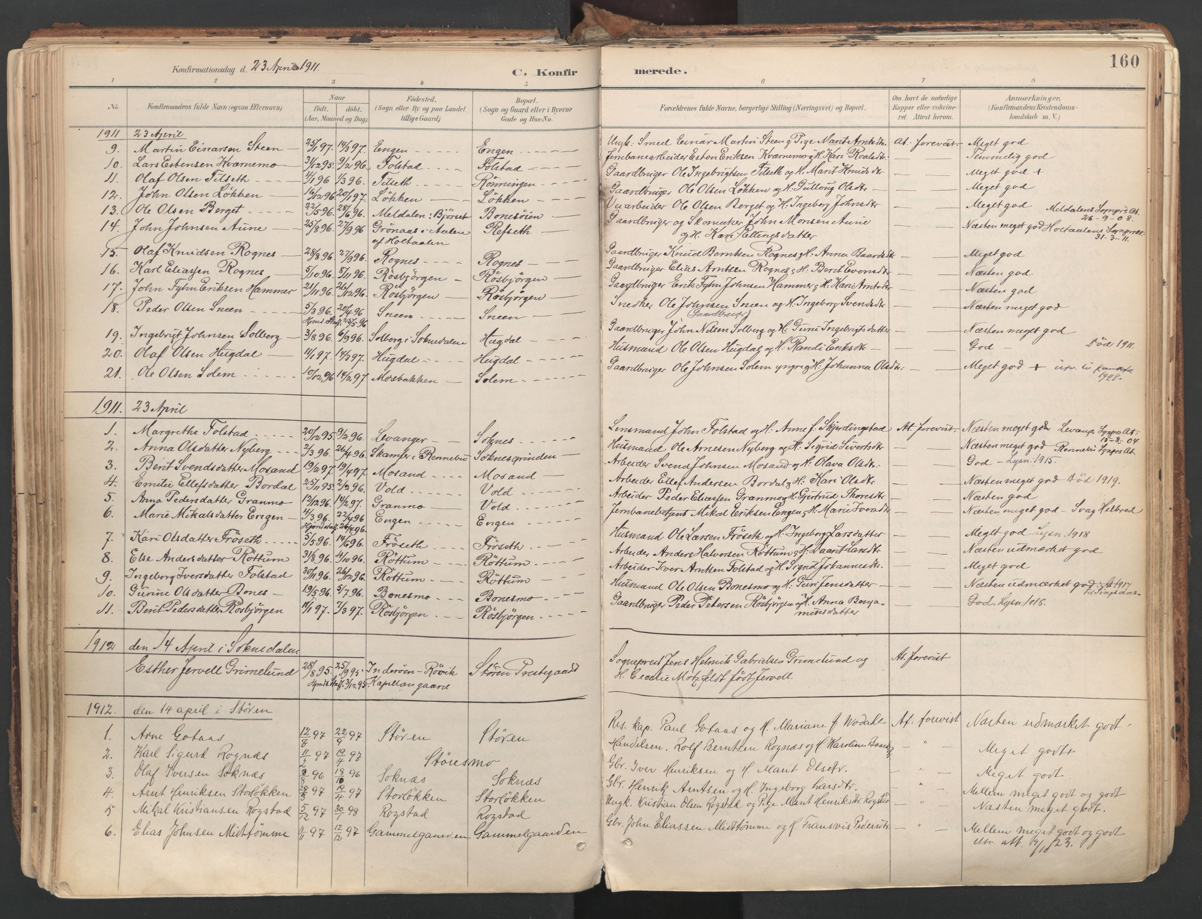 Ministerialprotokoller, klokkerbøker og fødselsregistre - Sør-Trøndelag, SAT/A-1456/687/L1004: Parish register (official) no. 687A10, 1891-1923, p. 160