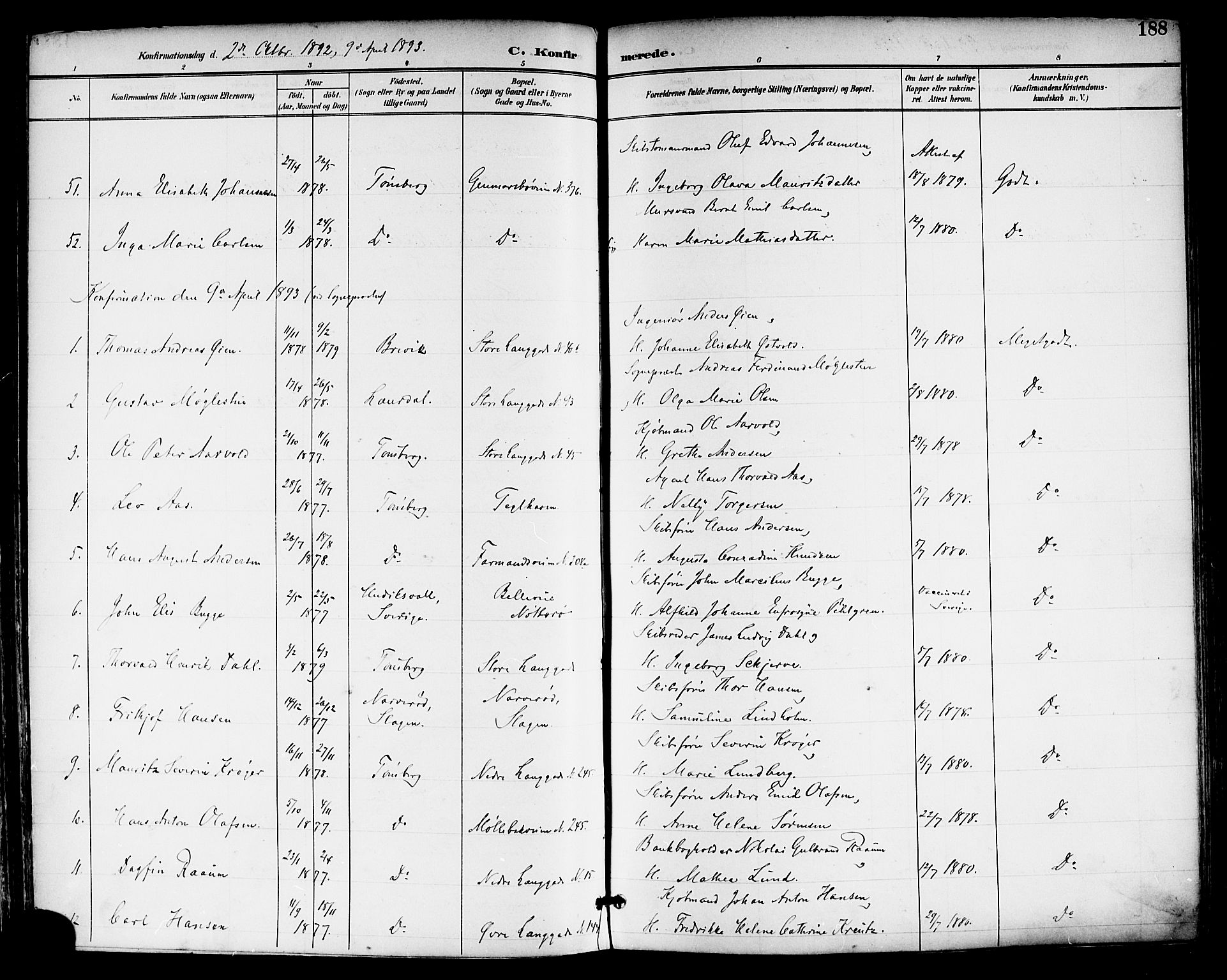 Tønsberg kirkebøker, AV/SAKO-A-330/F/Fa/L0012: Parish register (official) no. I 12, 1891-1899, p. 188