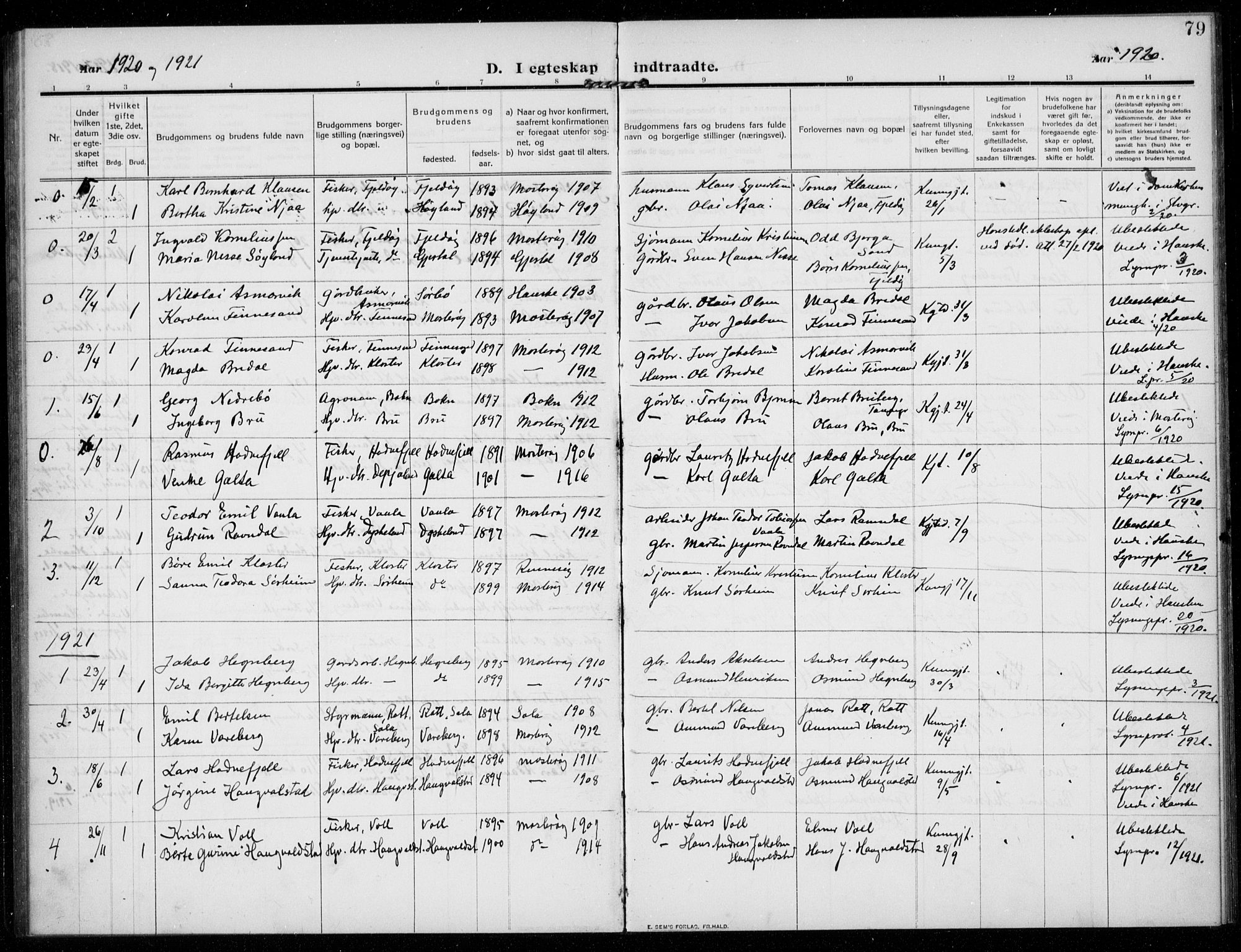 Rennesøy sokneprestkontor, AV/SAST-A -101827/H/Ha/Haa/L0017: Parish register (official) no. A 17, 1908-1926, p. 79