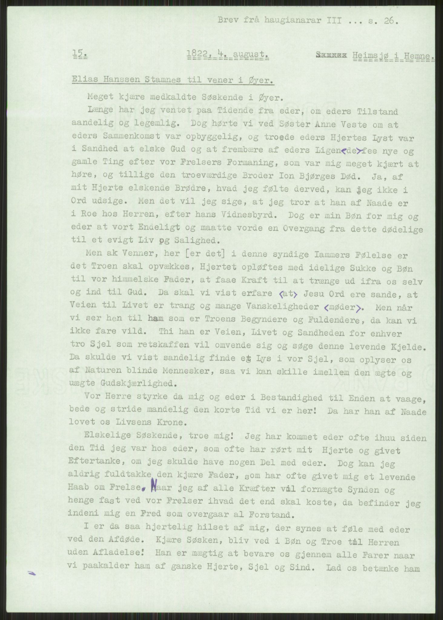 Samlinger til kildeutgivelse, Haugianerbrev, AV/RA-EA-6834/F/L0003: Haugianerbrev III: 1822-1826, 1822-1826, p. 26