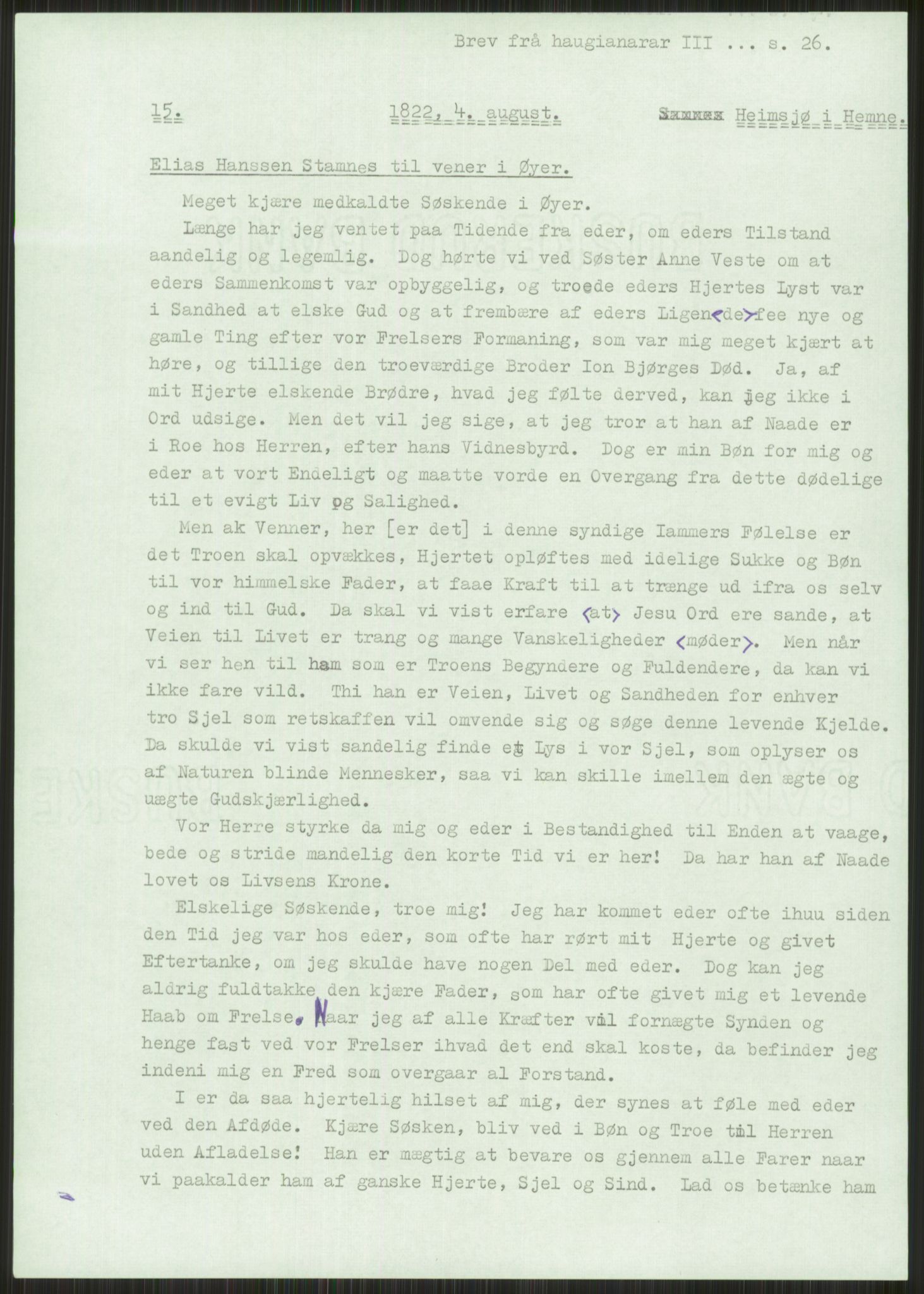 Samlinger til kildeutgivelse, Haugianerbrev, RA/EA-6834/F/L0003: Haugianerbrev III: 1822-1826, 1822-1826, p. 26