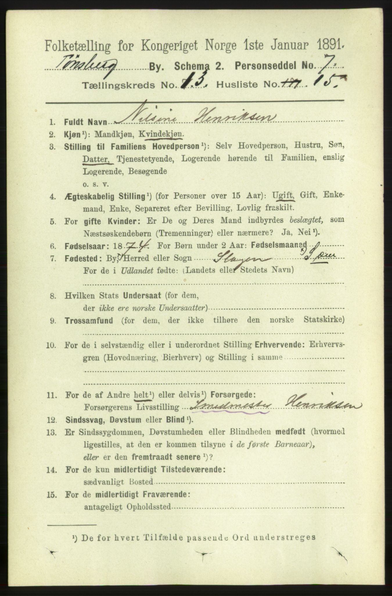 RA, 1891 census for 0705 Tønsberg, 1891, p. 4496