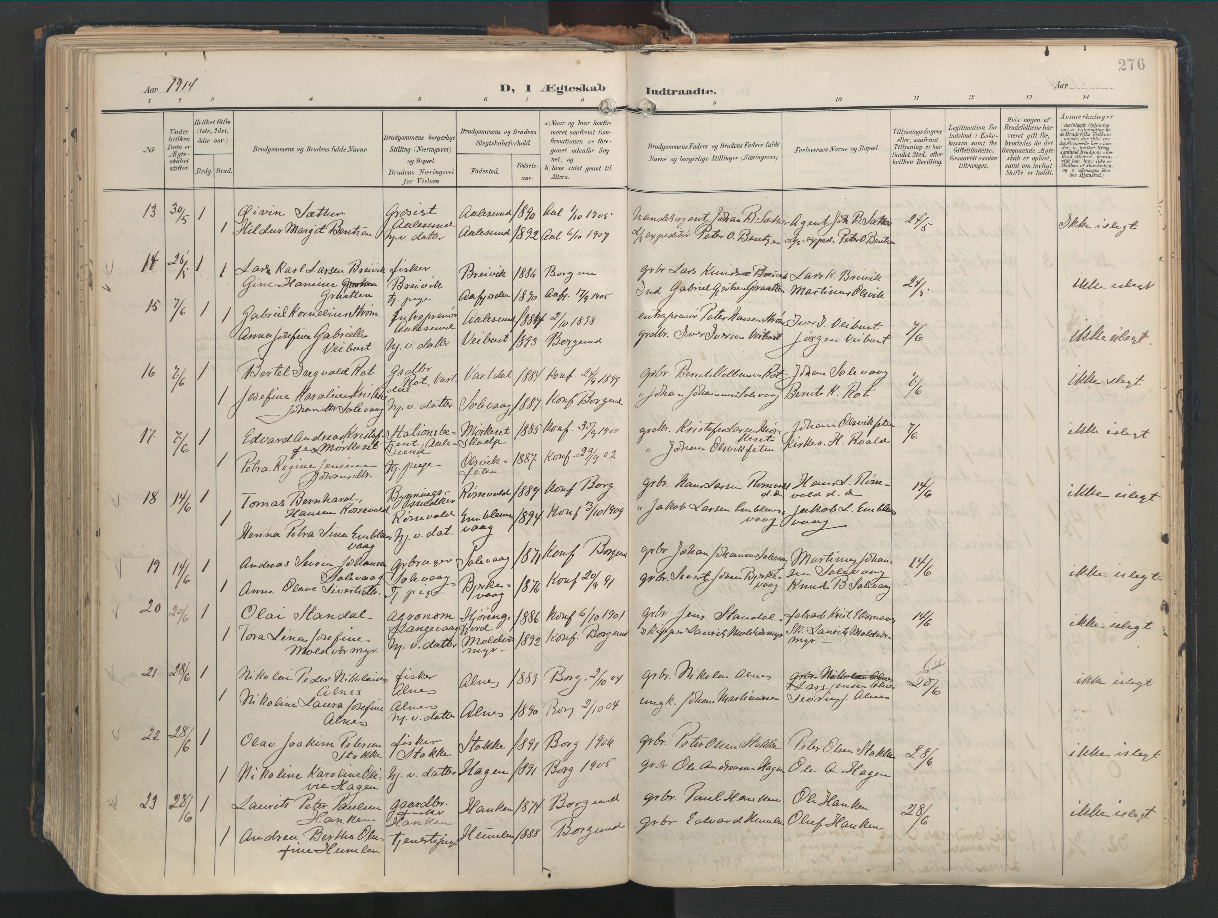 Ministerialprotokoller, klokkerbøker og fødselsregistre - Møre og Romsdal, AV/SAT-A-1454/528/L0411: Parish register (official) no. 528A20, 1907-1920, p. 276