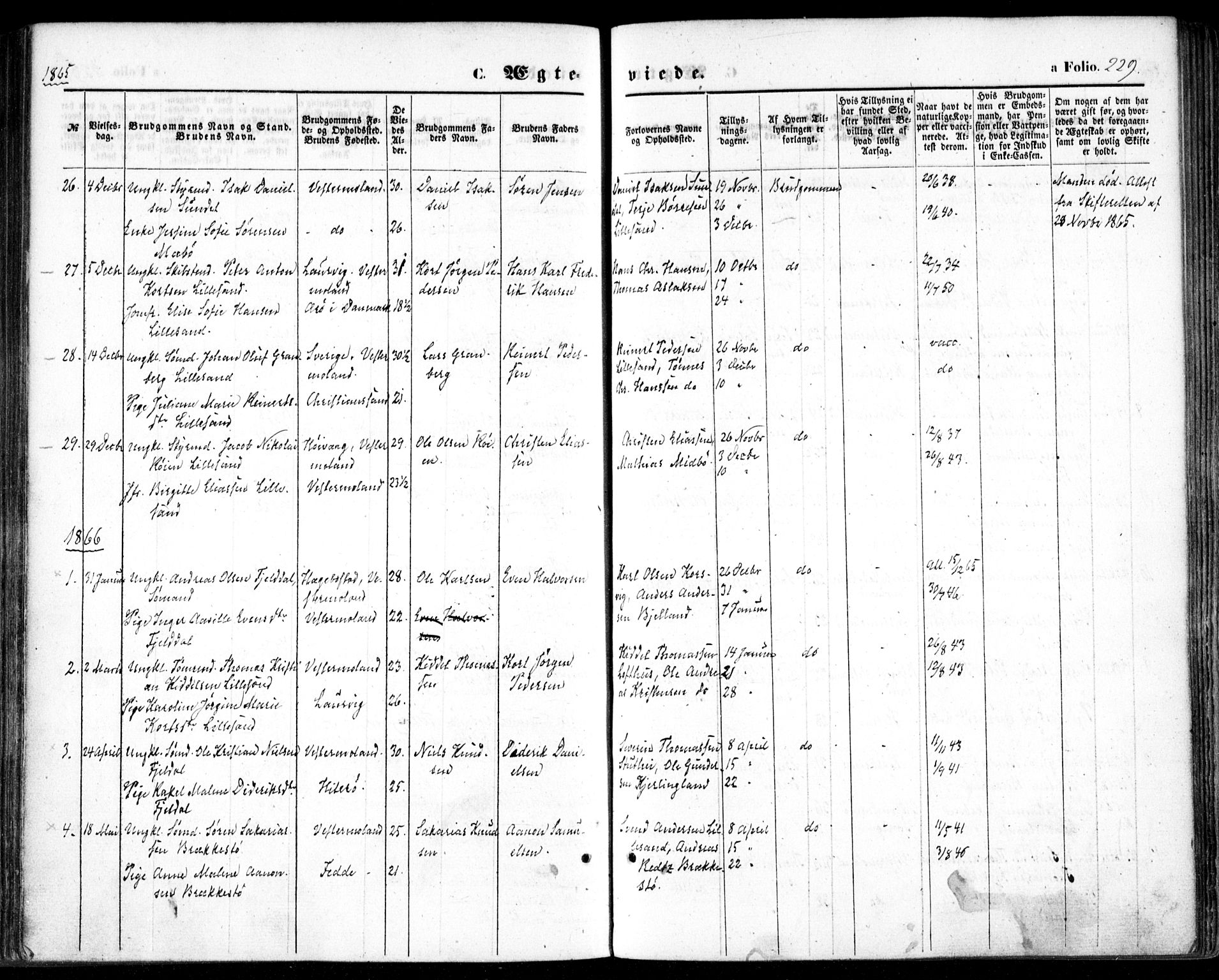 Vestre Moland sokneprestkontor, SAK/1111-0046/F/Fa/Fab/L0007: Parish register (official) no. A 7, 1859-1872, p. 229