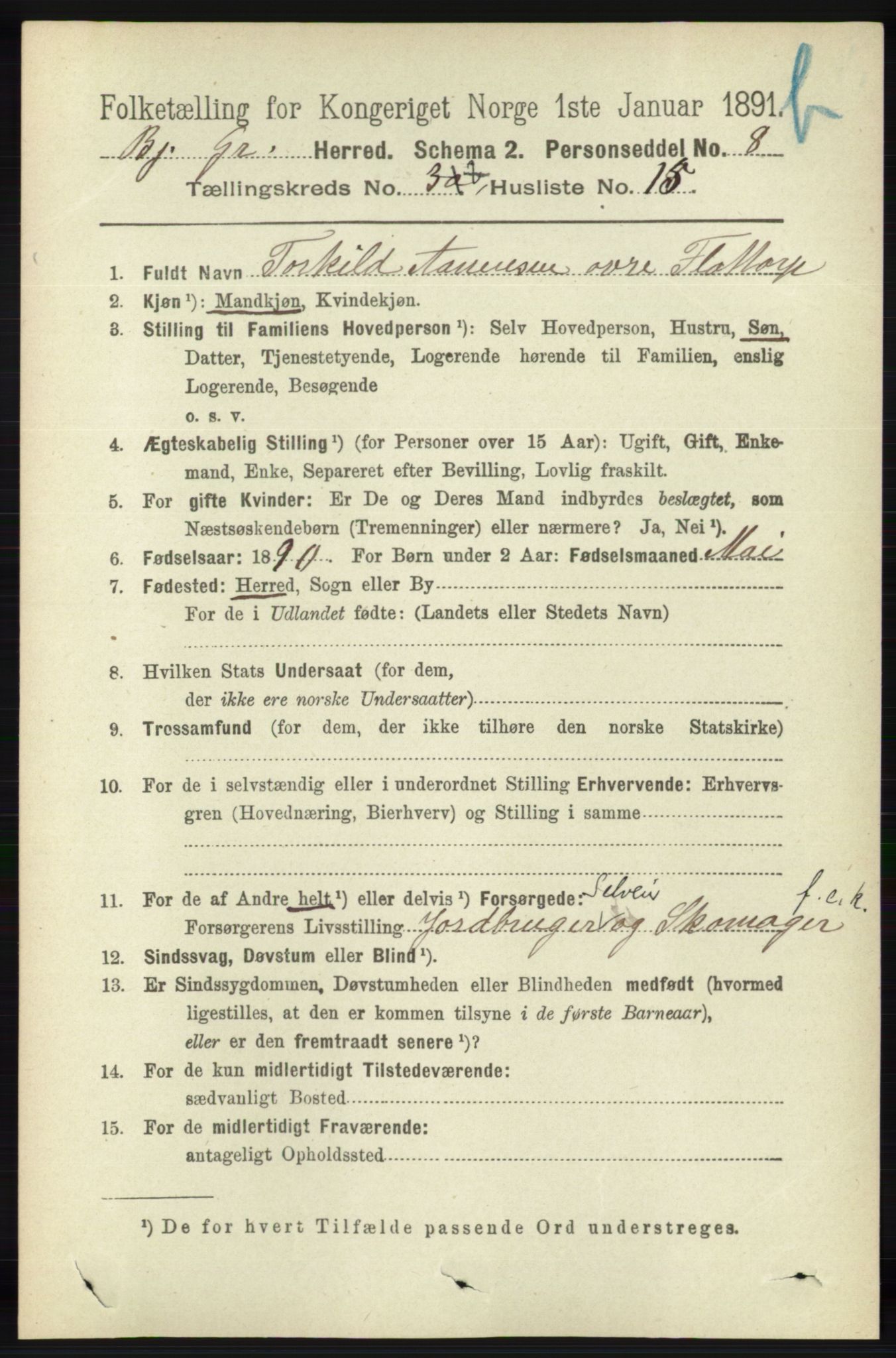 RA, 1891 census for 1024 Bjelland og Grindheim, 1891, p. 1881