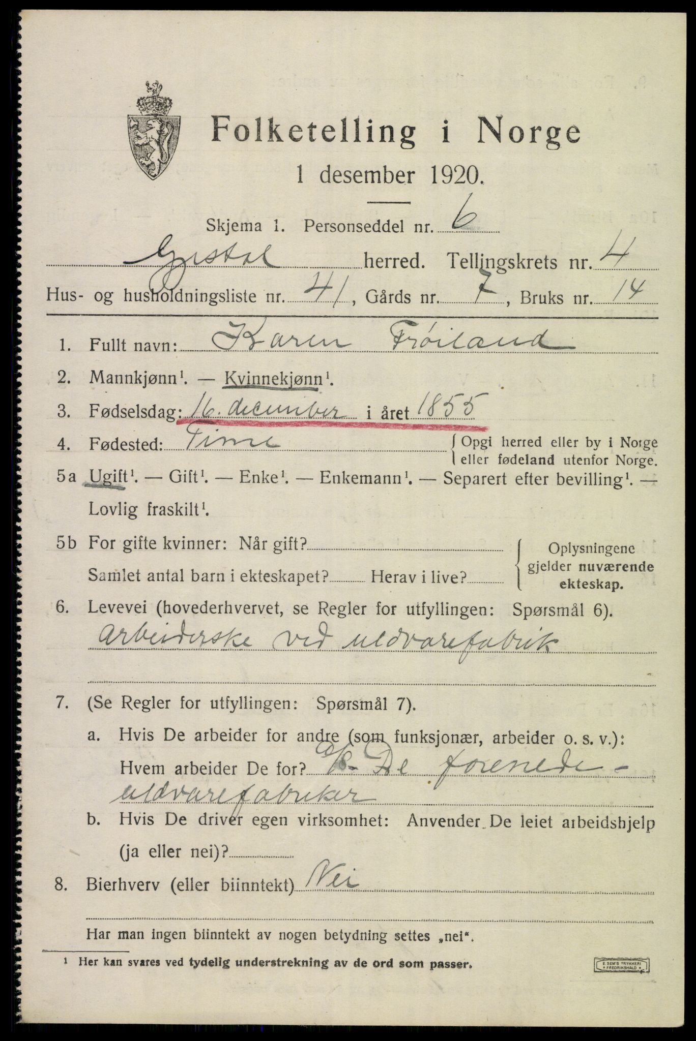 SAST, 1920 census for Gjesdal, 1920, p. 3096