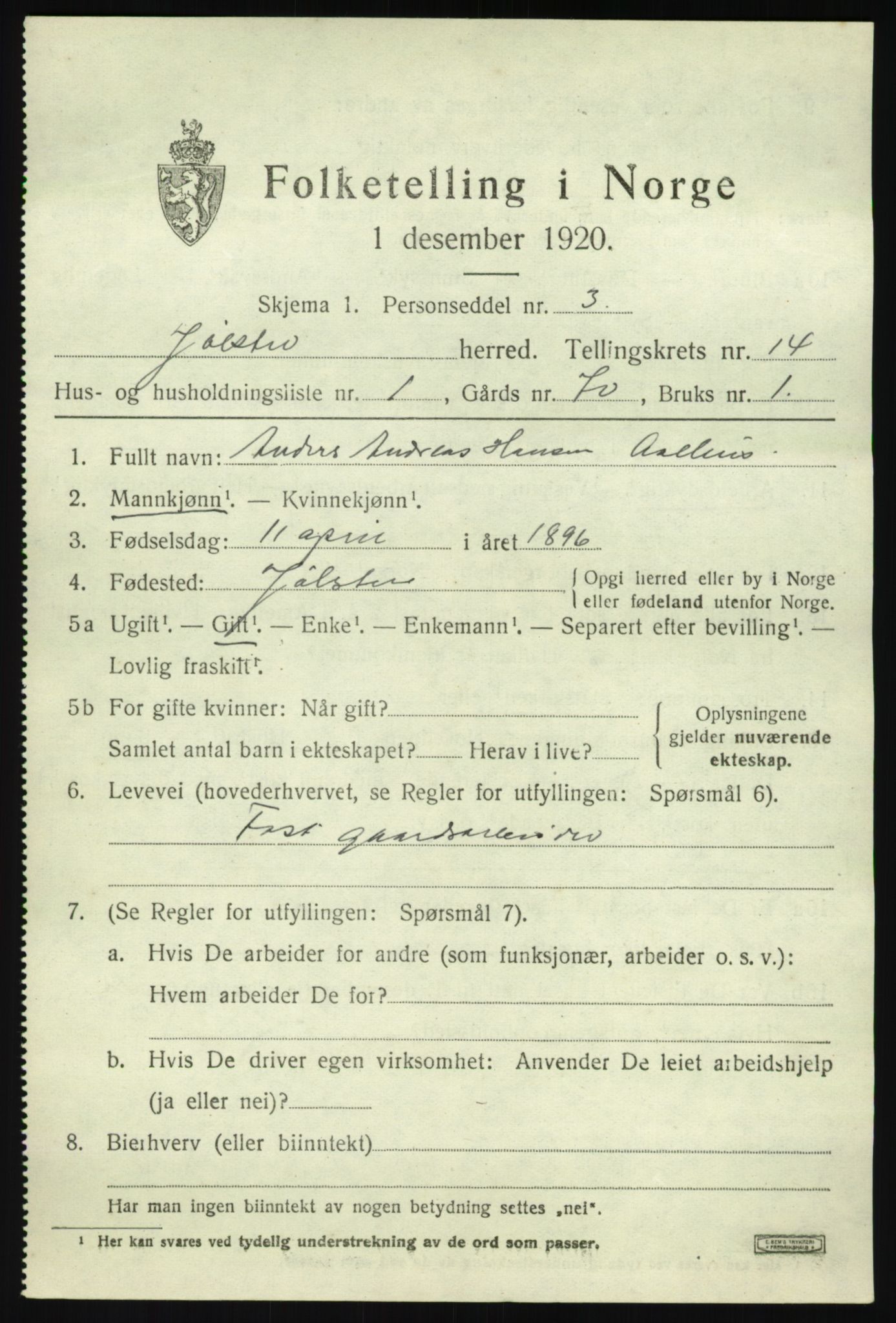 SAB, 1920 census for Jølster, 1920, p. 6458