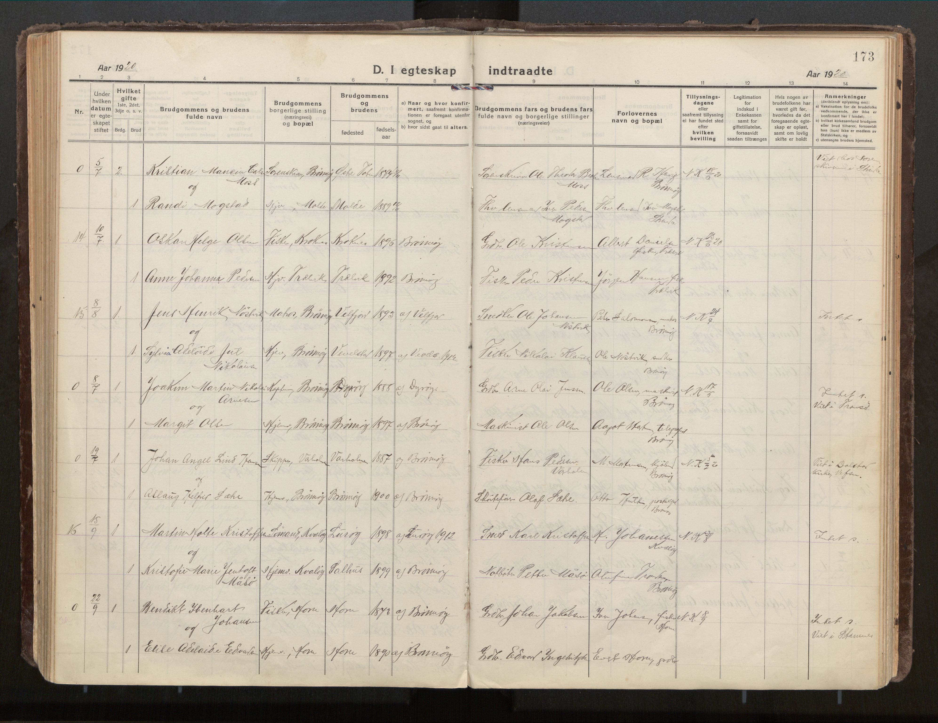 Ministerialprotokoller, klokkerbøker og fødselsregistre - Nordland, AV/SAT-A-1459/813/L0207a: Parish register (official) no. 813A18, 1919-1927, p. 173