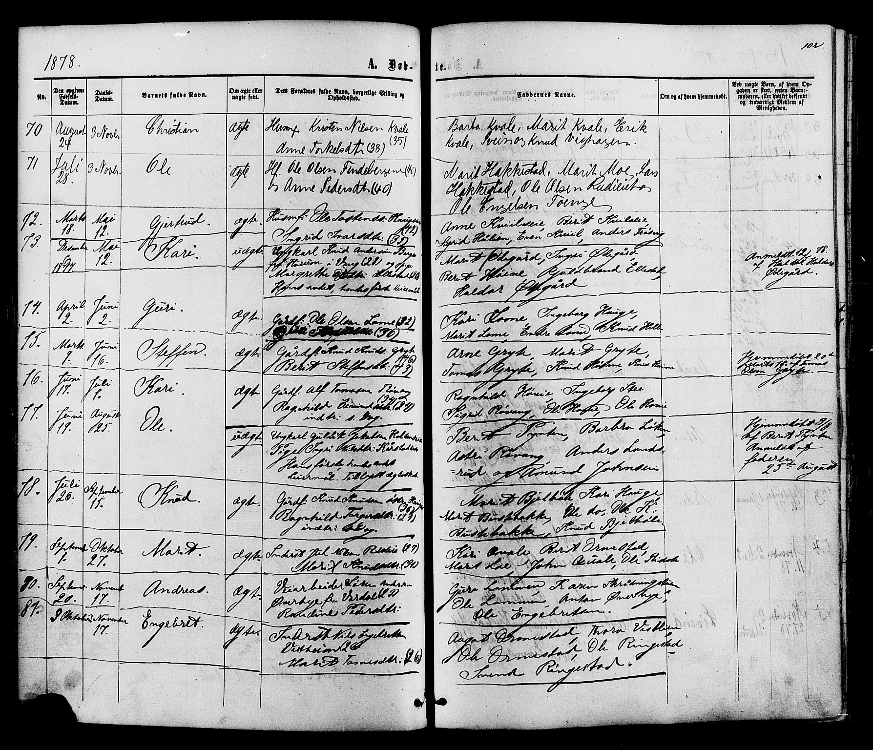 Vestre Slidre prestekontor, SAH/PREST-136/H/Ha/Haa/L0003: Parish register (official) no. 3, 1865-1880, p. 102
