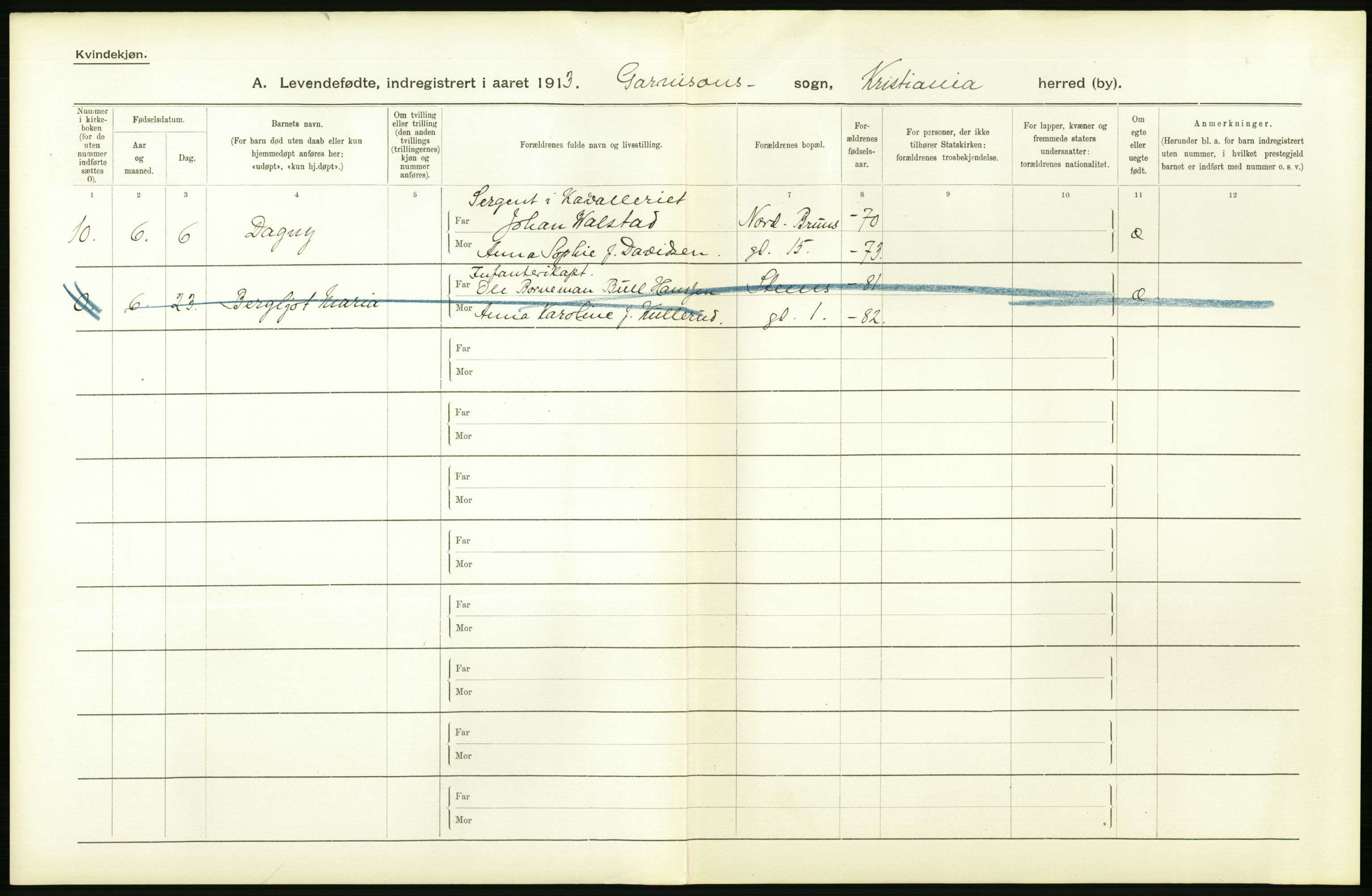 Statistisk sentralbyrå, Sosiodemografiske emner, Befolkning, AV/RA-S-2228/D/Df/Dfb/Dfbc/L0007: Kristiania: Levendefødte menn og kvinner., 1913, p. 746