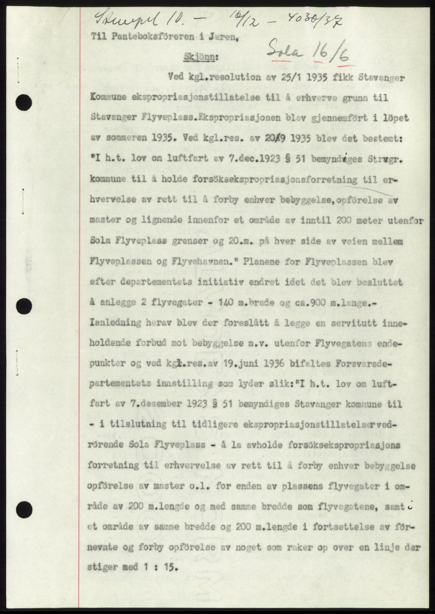 Jæren sorenskriveri, SAST/A-100310/03/G/Gba/L0069: Mortgage book, 1937-1937, Diary no: : 4030/1937