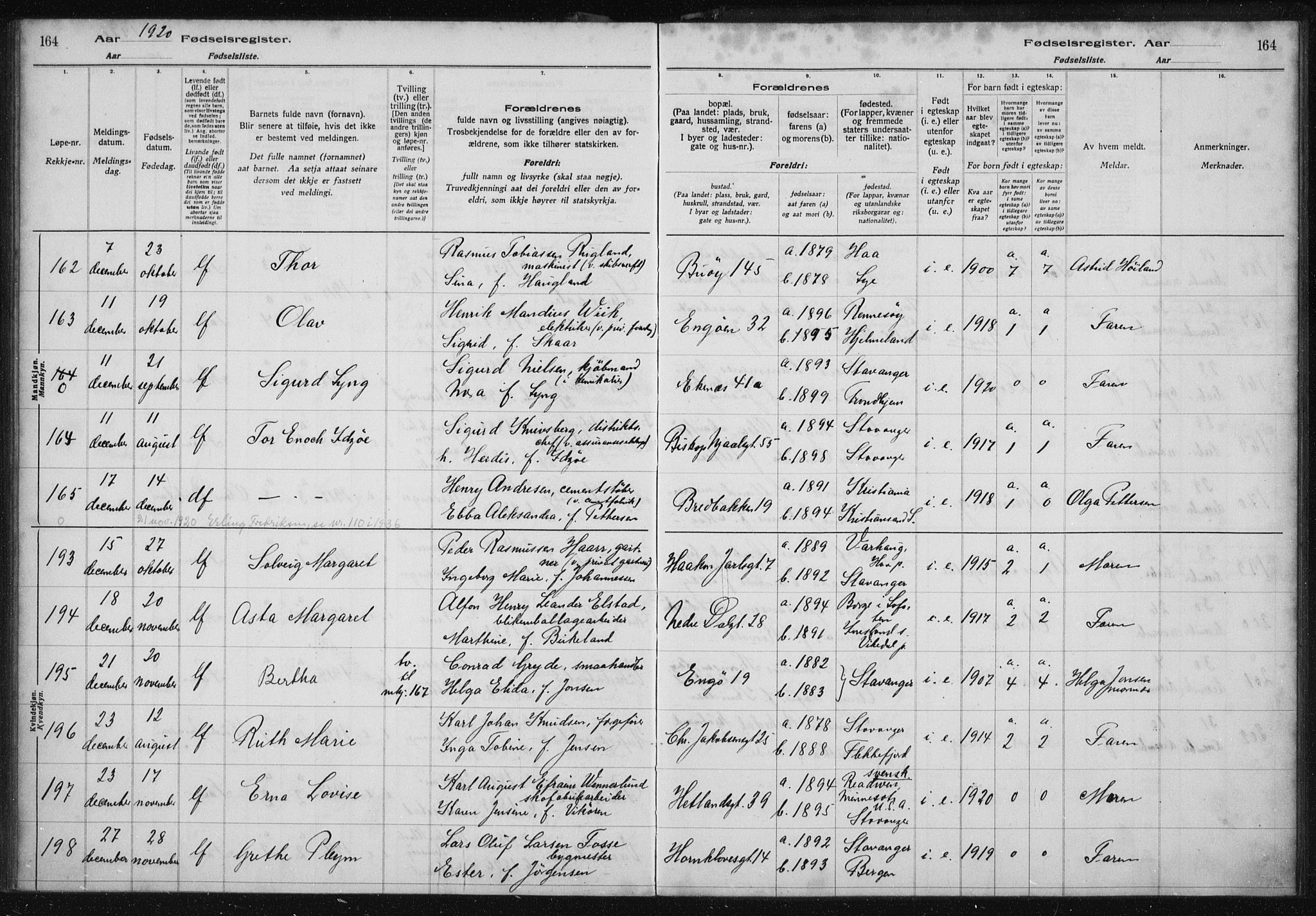 St. Petri sokneprestkontor, AV/SAST-A-101813/002/A/L0001: Birth register no. 1, 1916-1922, p. 164