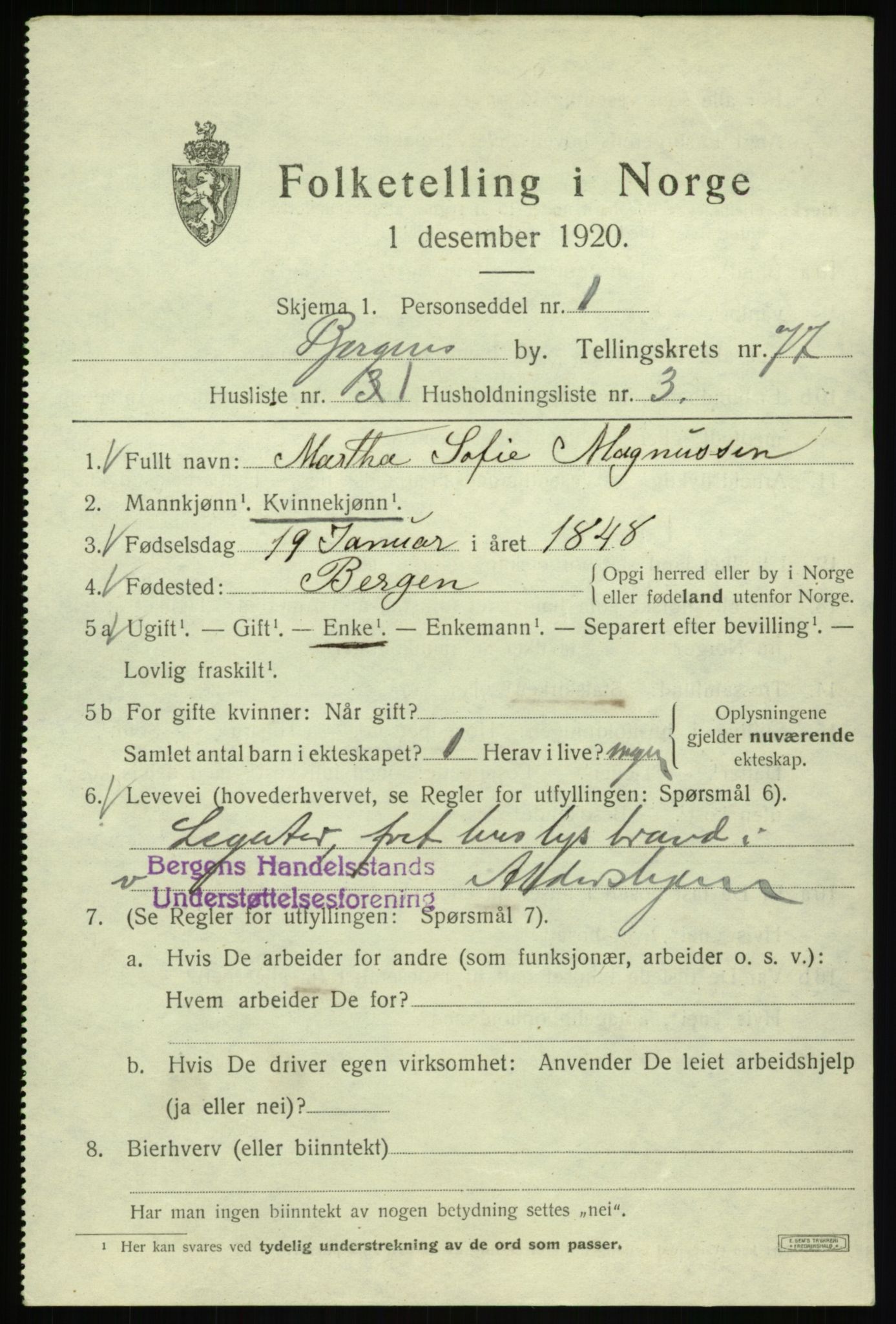 SAB, 1920 census for Bergen, 1920, p. 147678