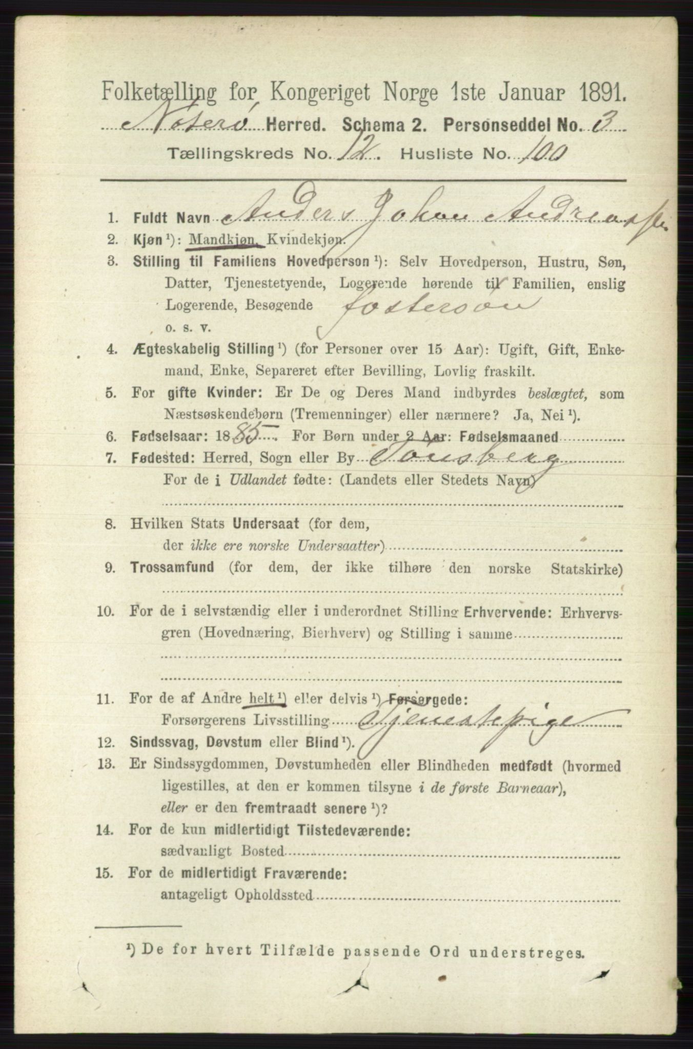 RA, 1891 census for 0722 Nøtterøy, 1891, p. 6926