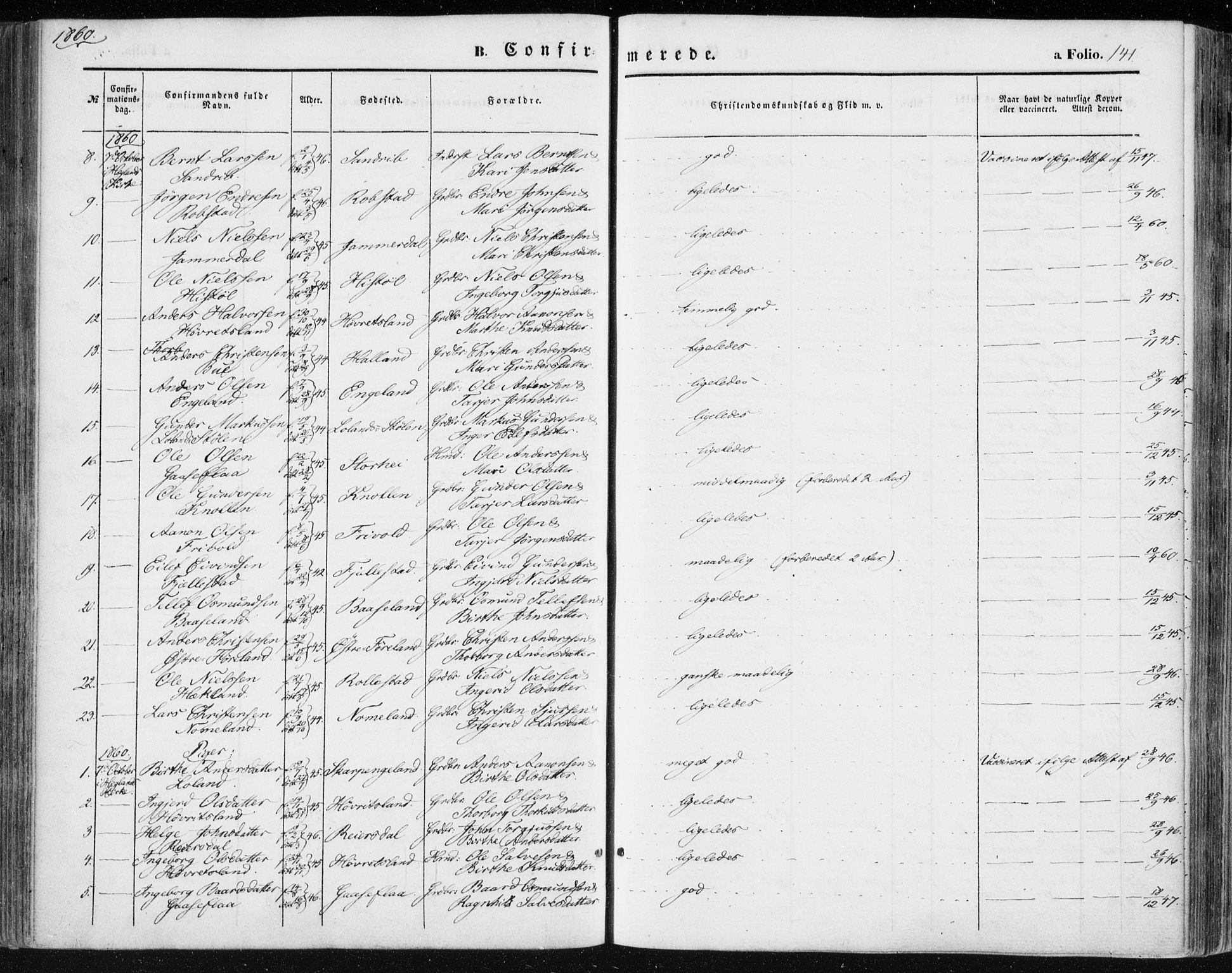 Vennesla sokneprestkontor, AV/SAK-1111-0045/Fa/Fac/L0007: Parish register (official) no. A 7, 1855-1873, p. 141