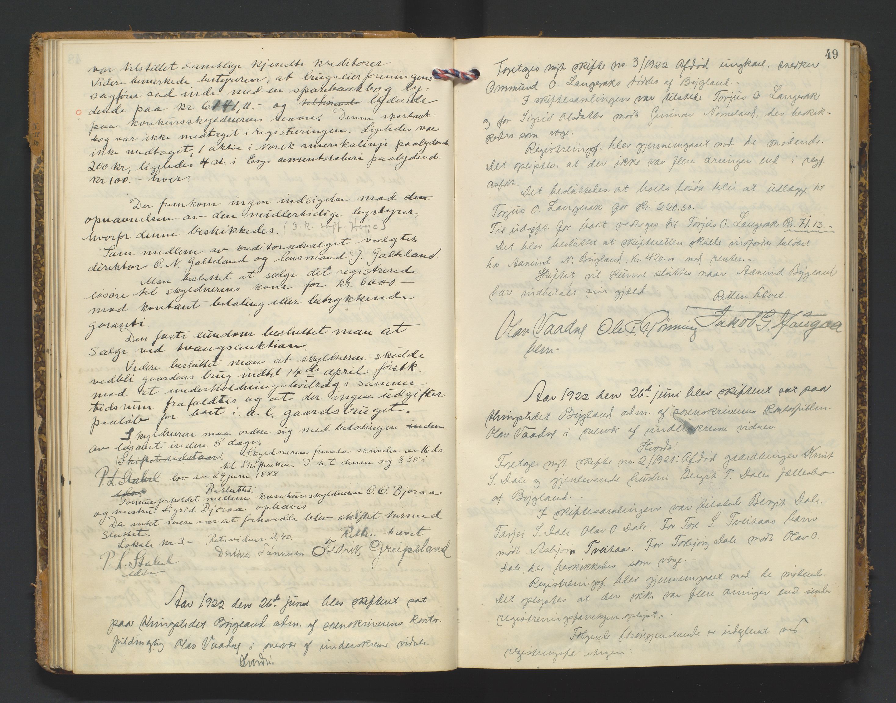 Setesdal sorenskriveri, AV/SAK-1221-0011/H/Hc/L0040: Skifteforhandlingsprotokoll nr 12, 1920-1927, p. 49