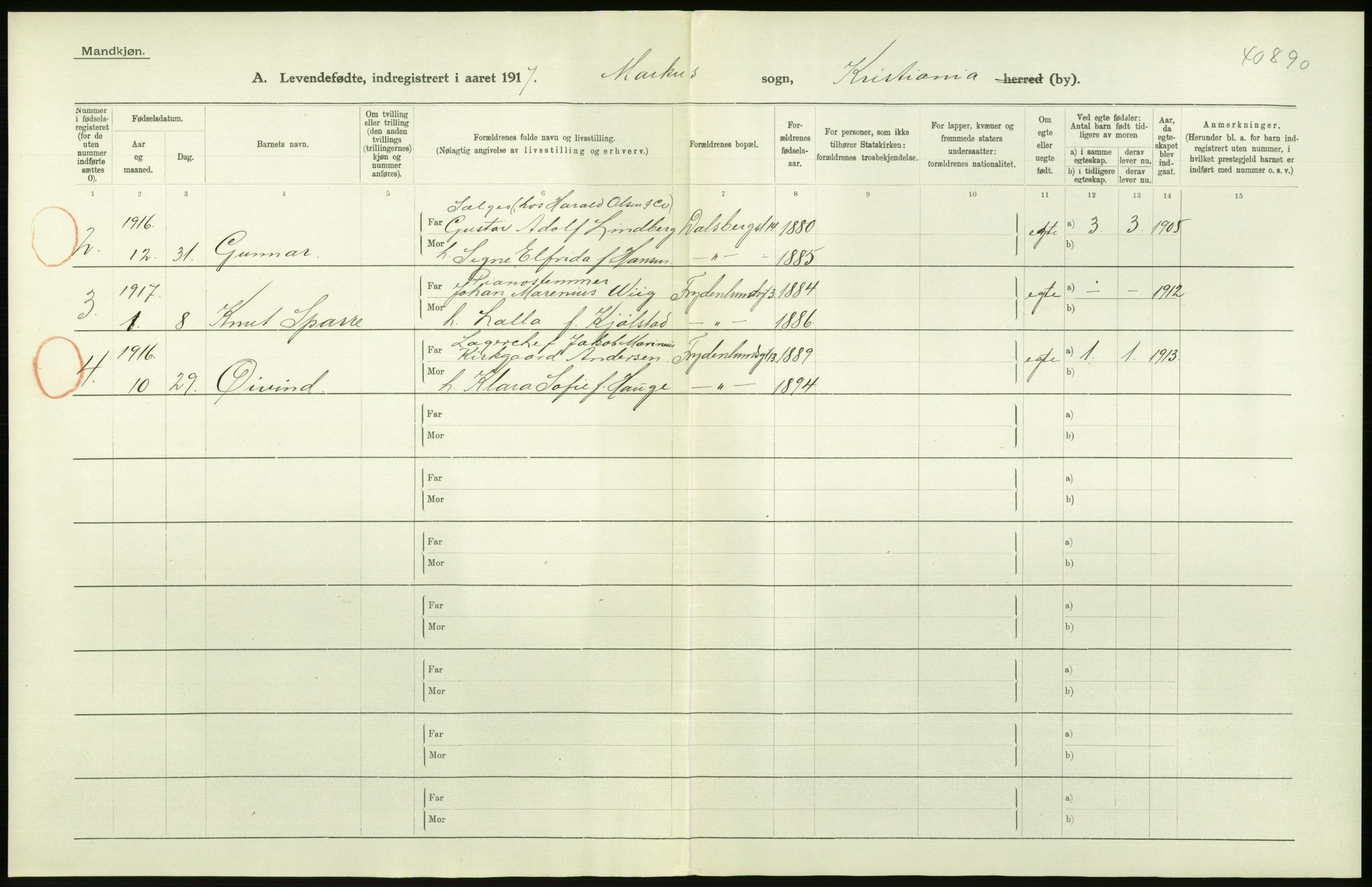 Statistisk sentralbyrå, Sosiodemografiske emner, Befolkning, AV/RA-S-2228/D/Df/Dfb/Dfbg/L0007: Kristiania: Levendefødte menn og kvinner., 1917, p. 182