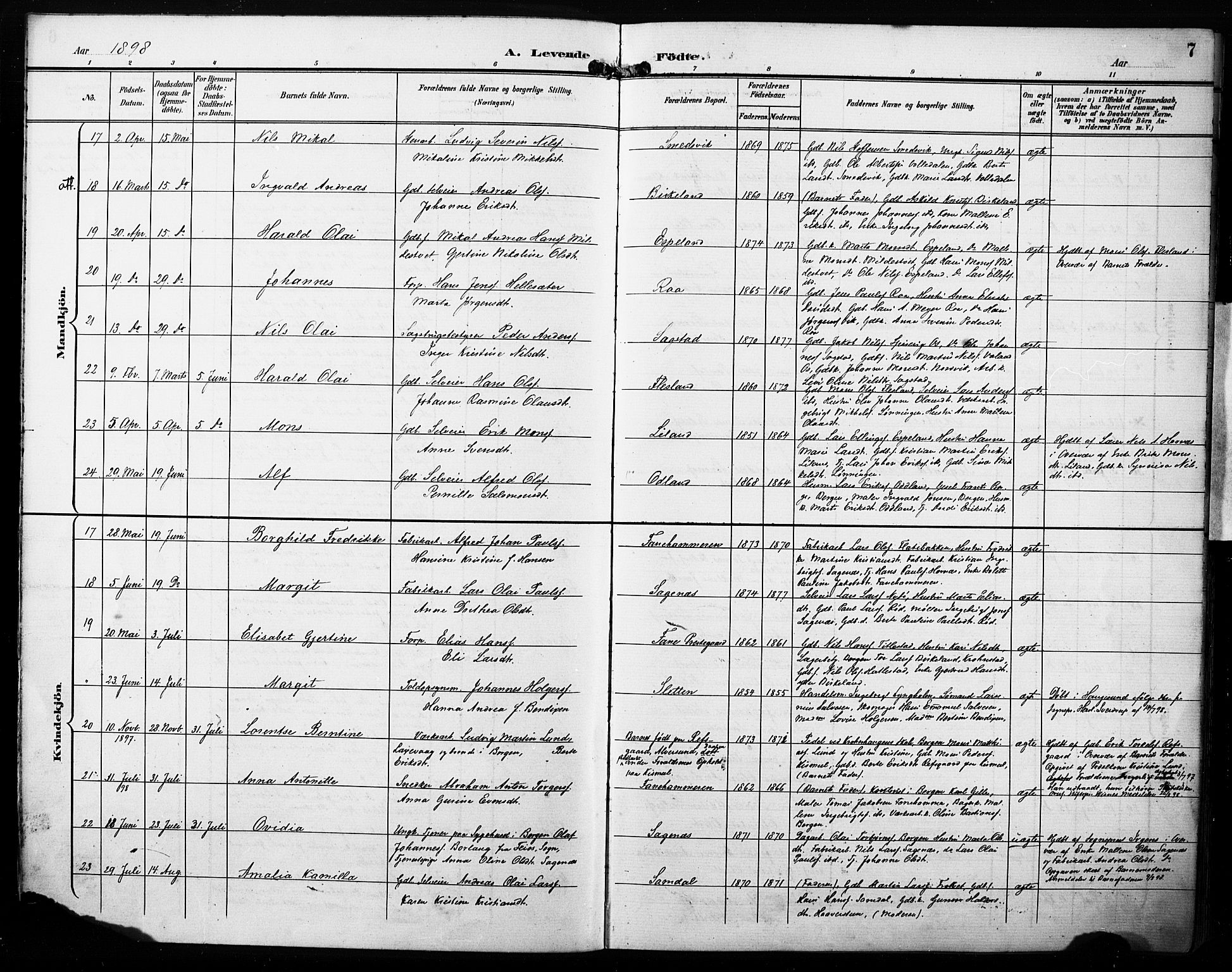 Fana Sokneprestembete, AV/SAB-A-75101/H/Haa/Haab/L0003: Parish register (official) no. B 3, 1898-1907, p. 7