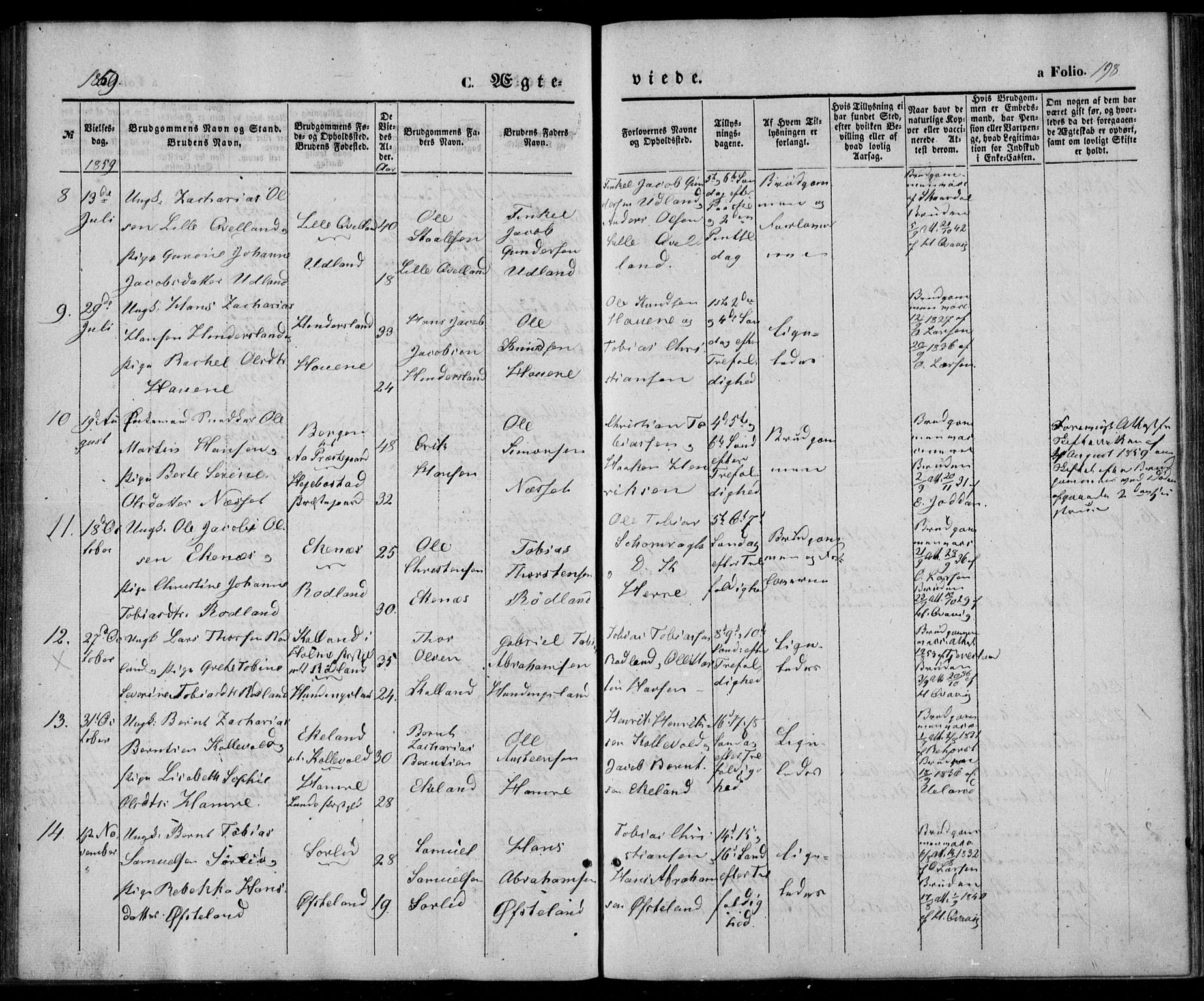 Lyngdal sokneprestkontor, AV/SAK-1111-0029/F/Fa/Fac/L0009: Parish register (official) no. A 9, 1852-1864, p. 198