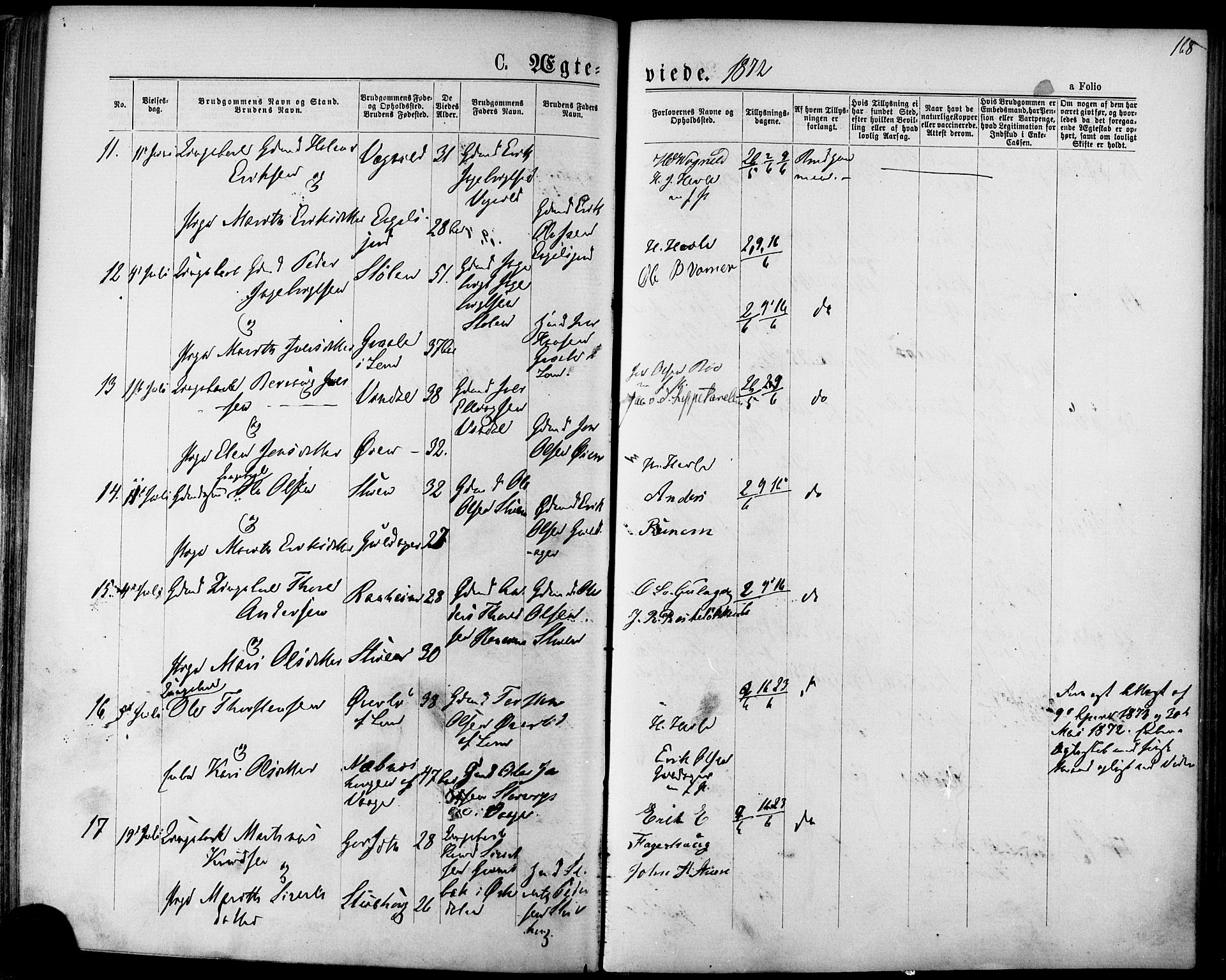 Ministerialprotokoller, klokkerbøker og fødselsregistre - Sør-Trøndelag, AV/SAT-A-1456/678/L0900: Parish register (official) no. 678A09, 1872-1881, p. 168