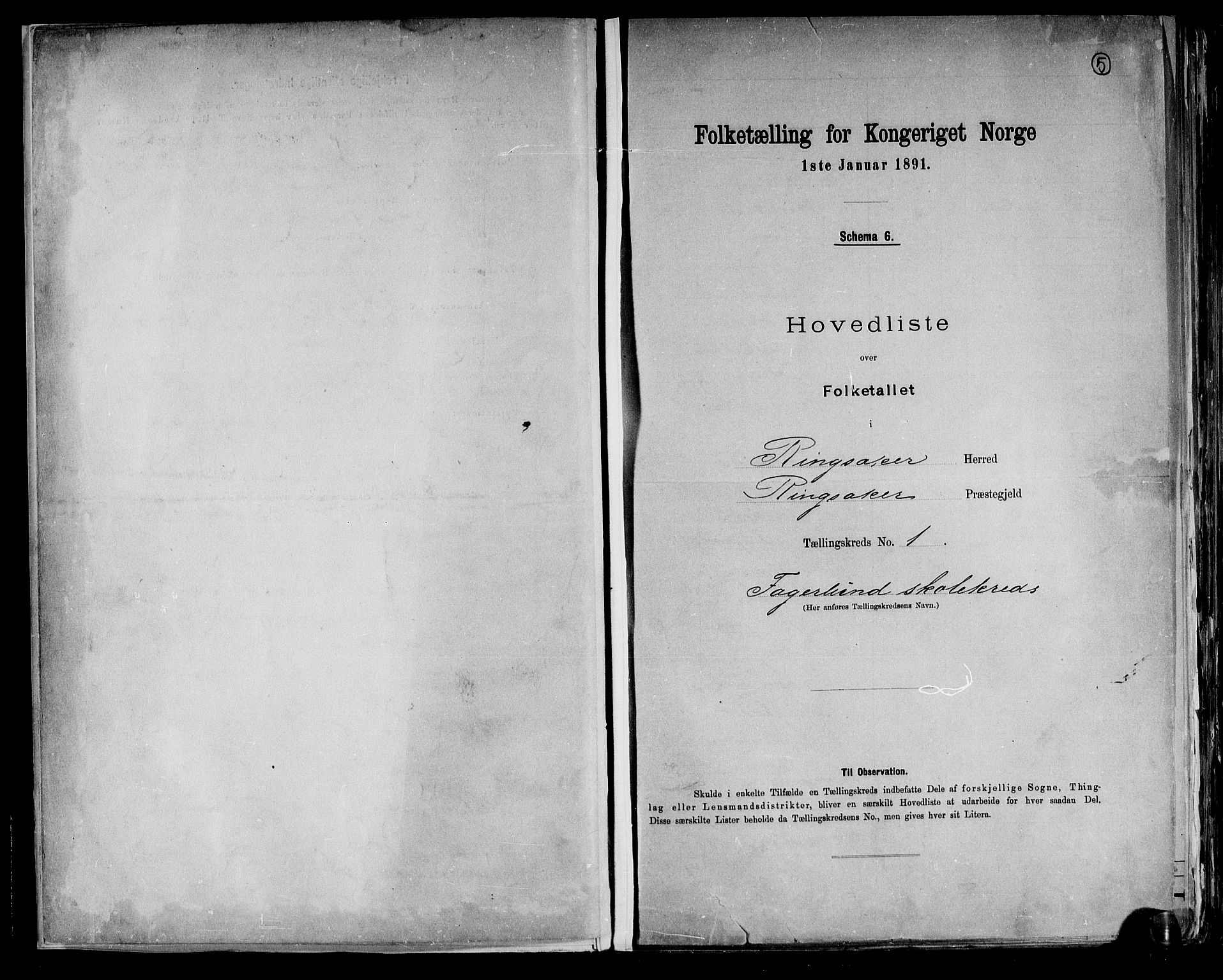 RA, 1891 census for 0412 Ringsaker, 1891, p. 5