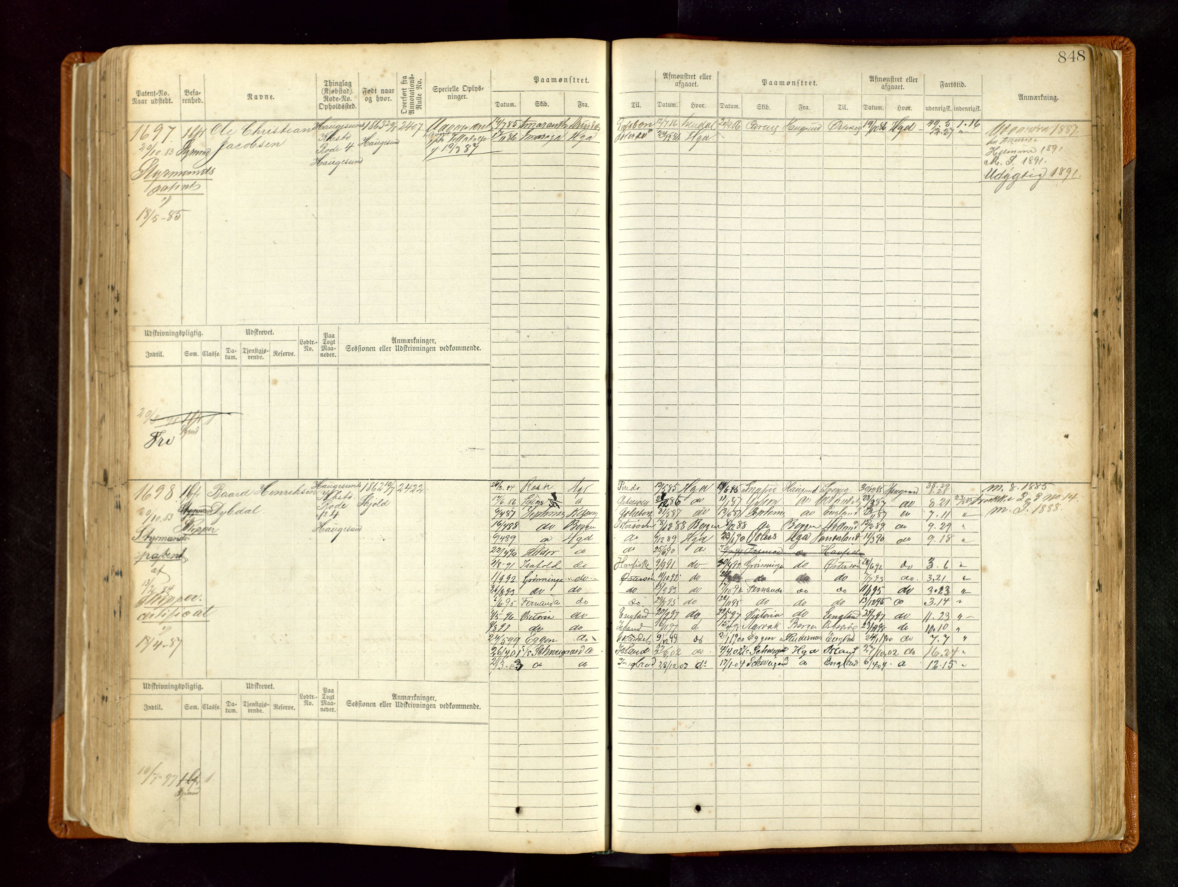 Haugesund sjømannskontor, AV/SAST-A-102007/F/Fb/Fbb/L0004: Sjøfartsrulle Haugesund krets nr. 1-1922, 1868-1948, p. 848