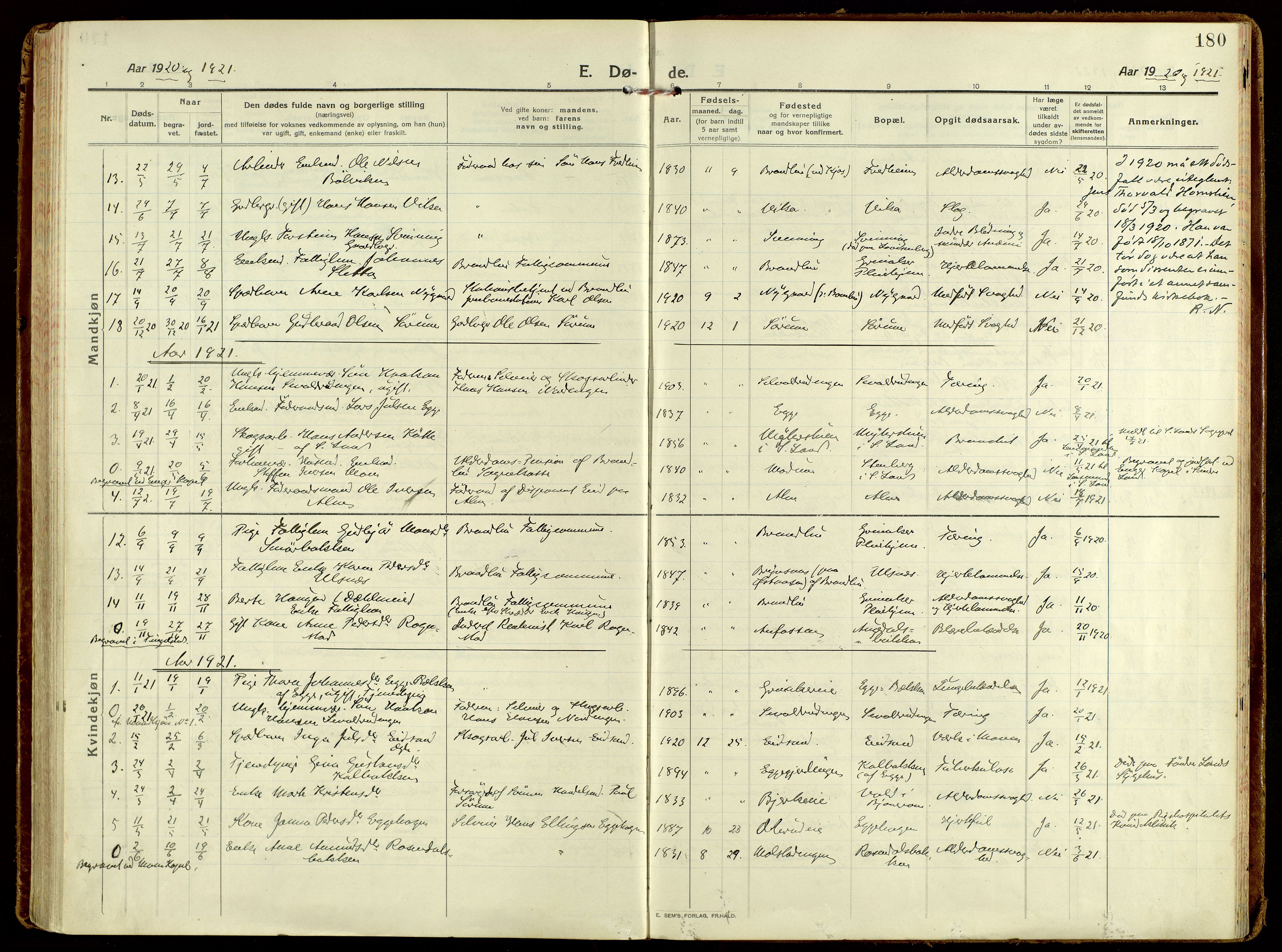 Brandbu prestekontor, AV/SAH-PREST-114/H/Ha/Haa/L0004: Parish register (official) no. 4, 1913-1923, p. 180