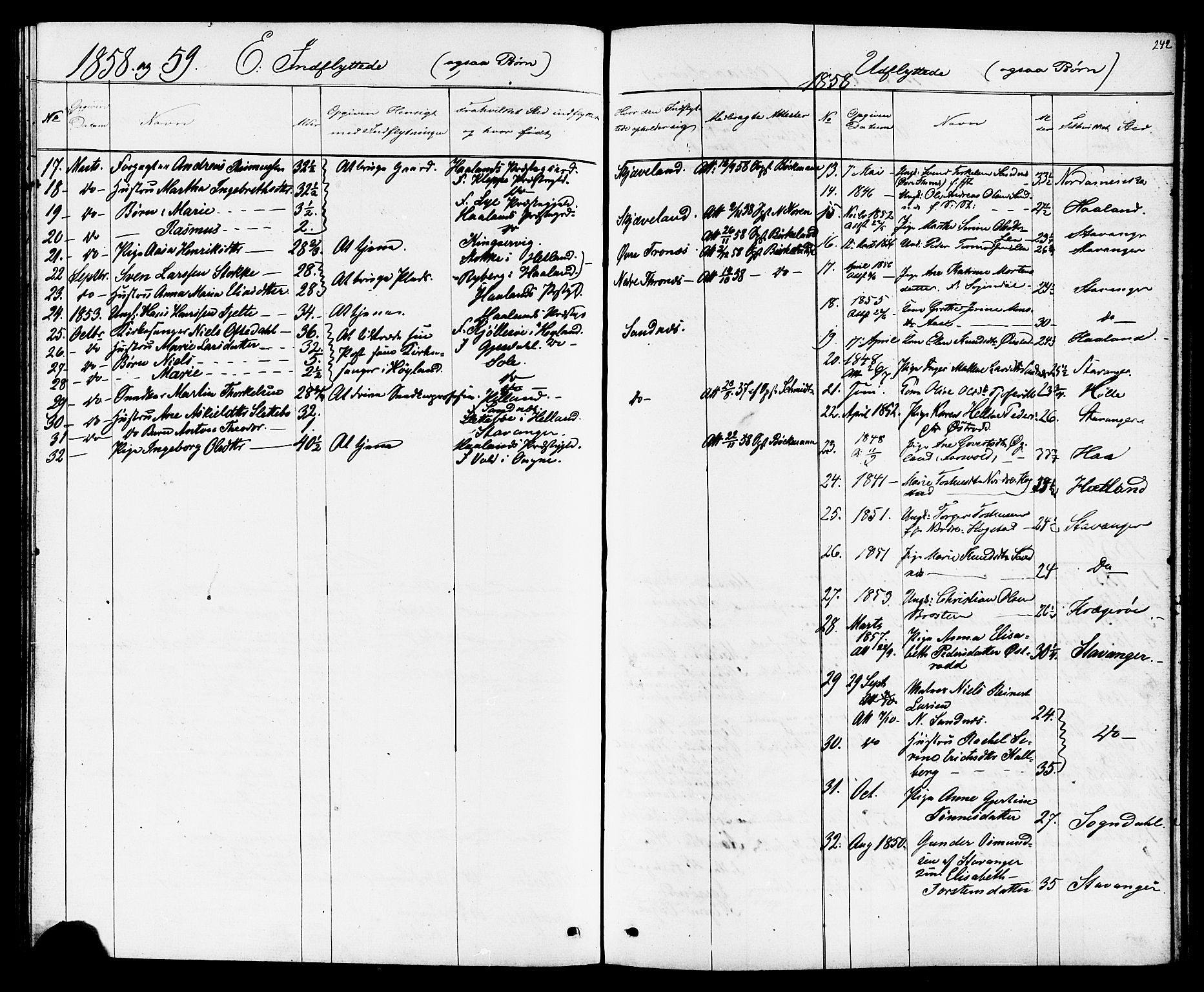 Høyland sokneprestkontor, SAST/A-101799/001/30BB/L0001: Parish register (copy) no. B 1, 1854-1873, p. 242