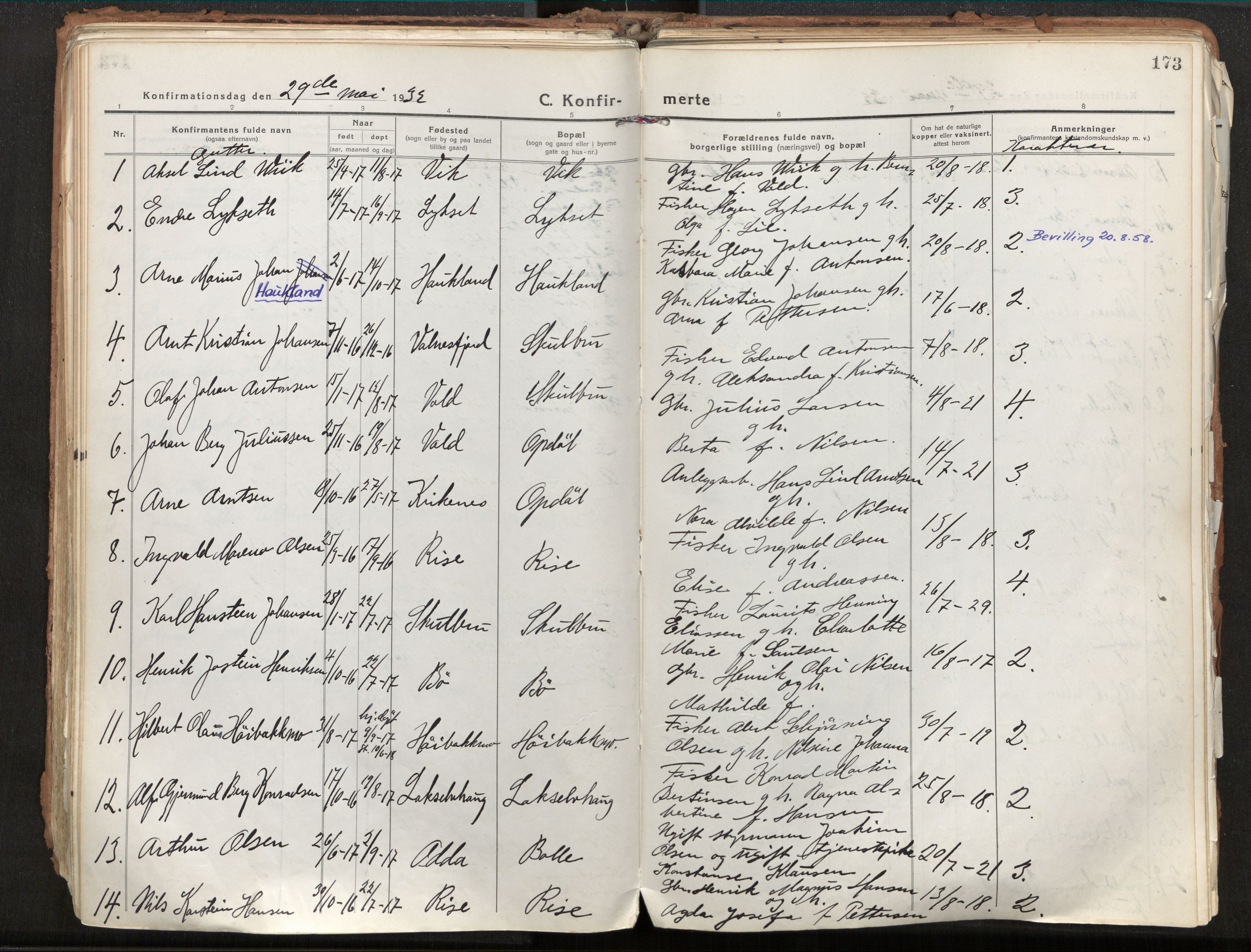 Ministerialprotokoller, klokkerbøker og fødselsregistre - Nordland, AV/SAT-A-1459/881/L1160: Parish register (official) no. 881A13, 1919-1937, p. 173