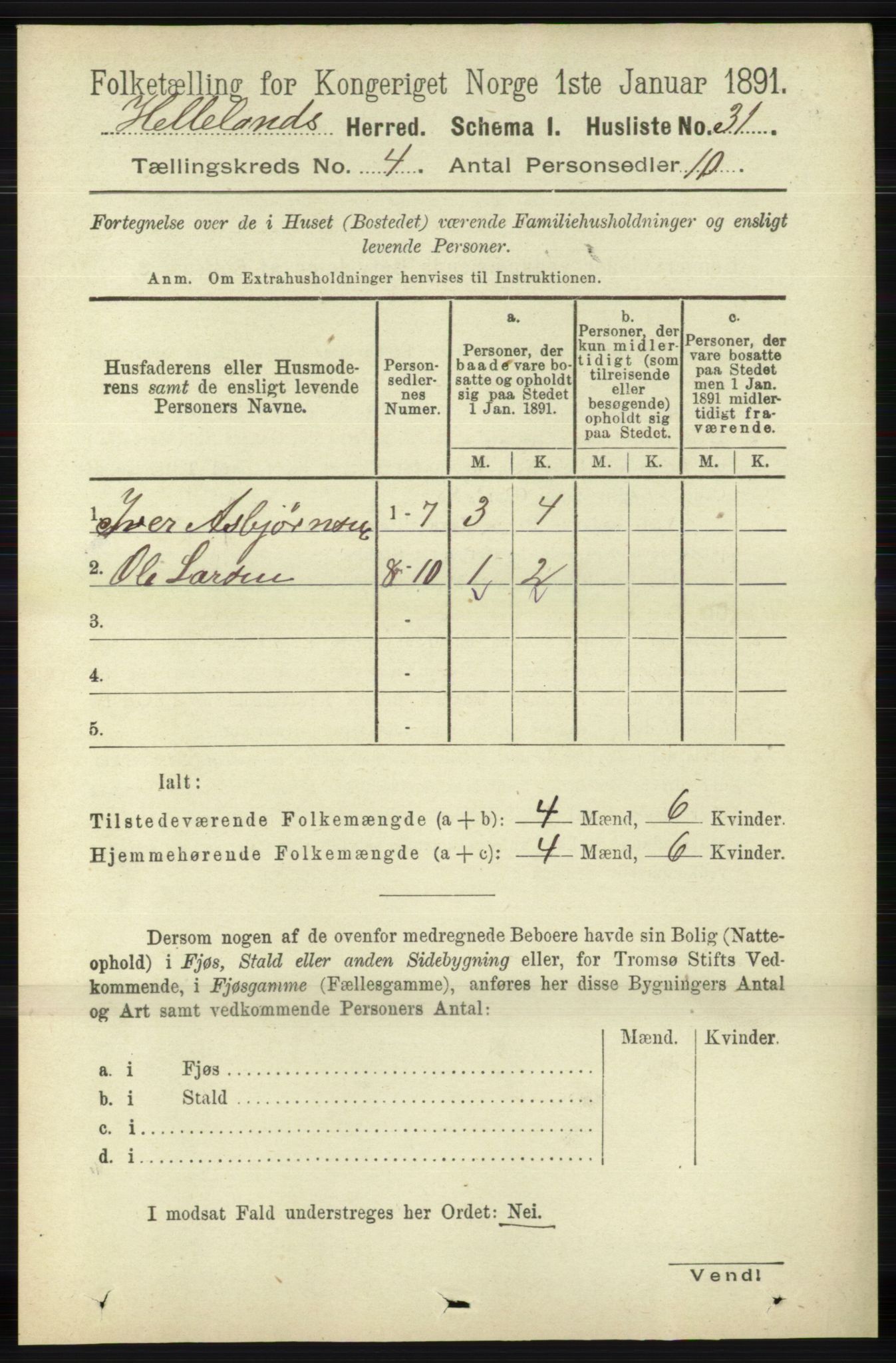 RA, 1891 census for 1115 Helleland, 1891, p. 1142