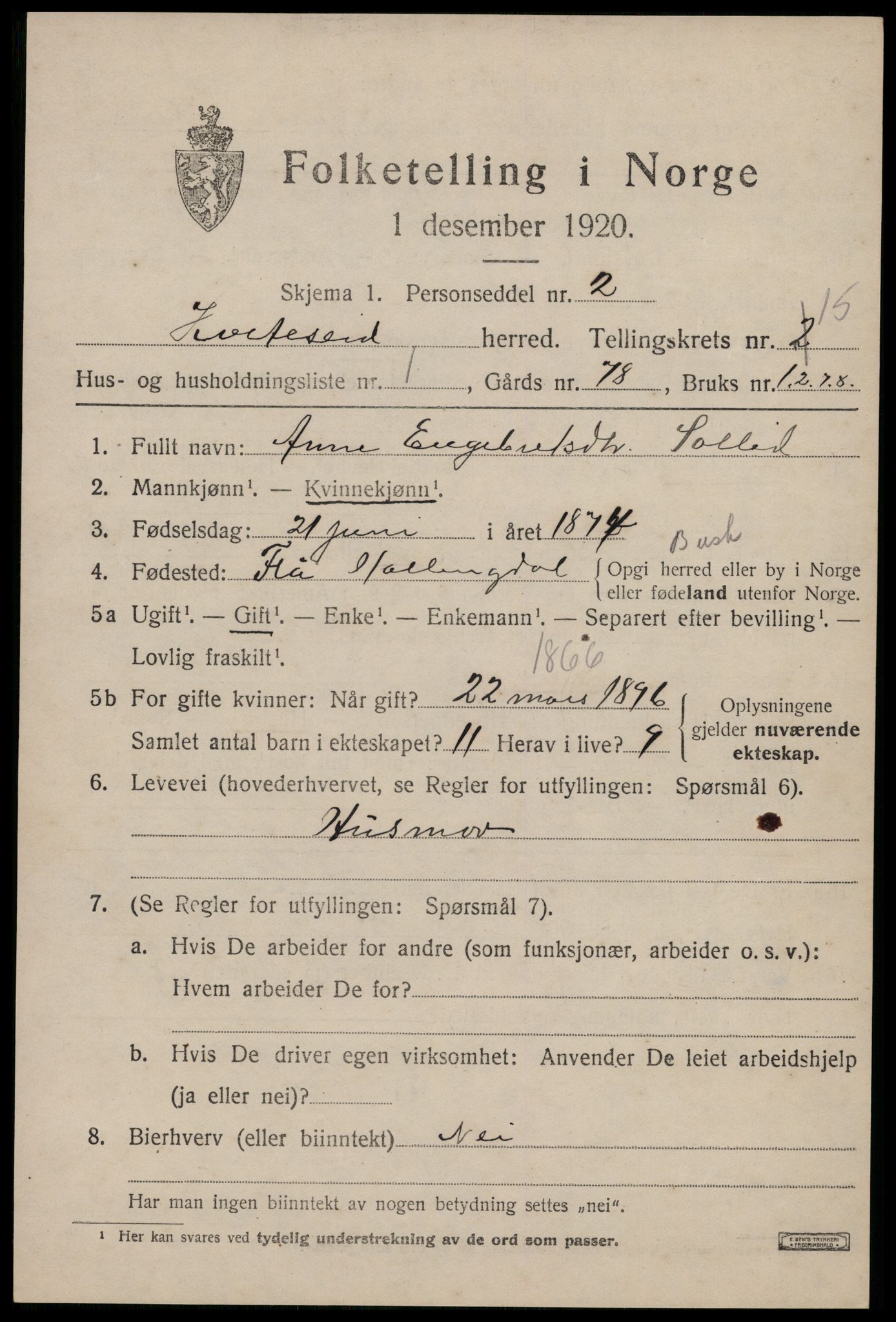 SAKO, 1920 census for Kviteseid, 1920, p. 6963