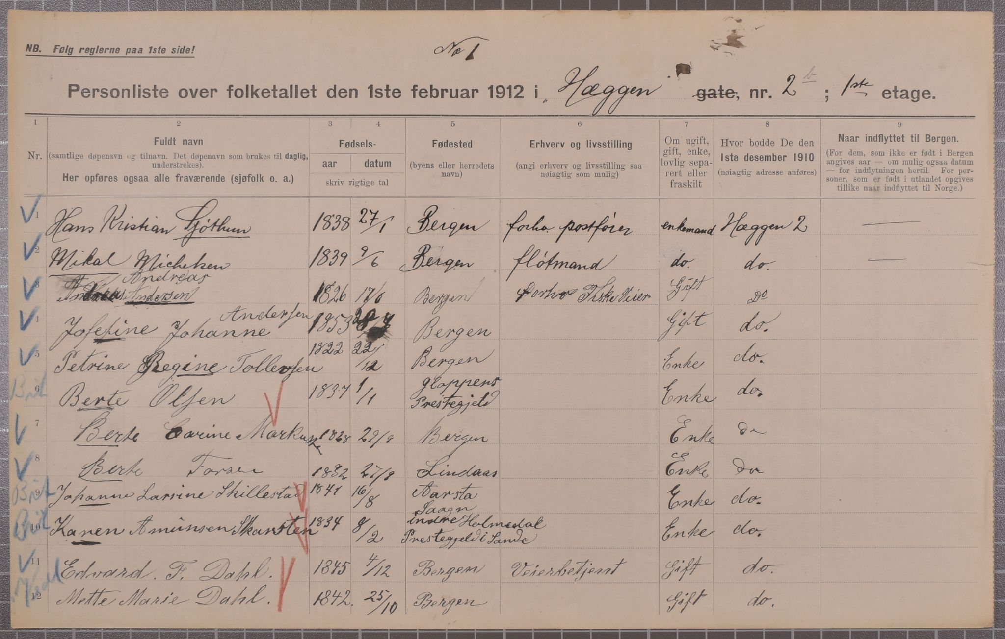 SAB, Municipal Census 1912 for Bergen, 1912, p. 1917