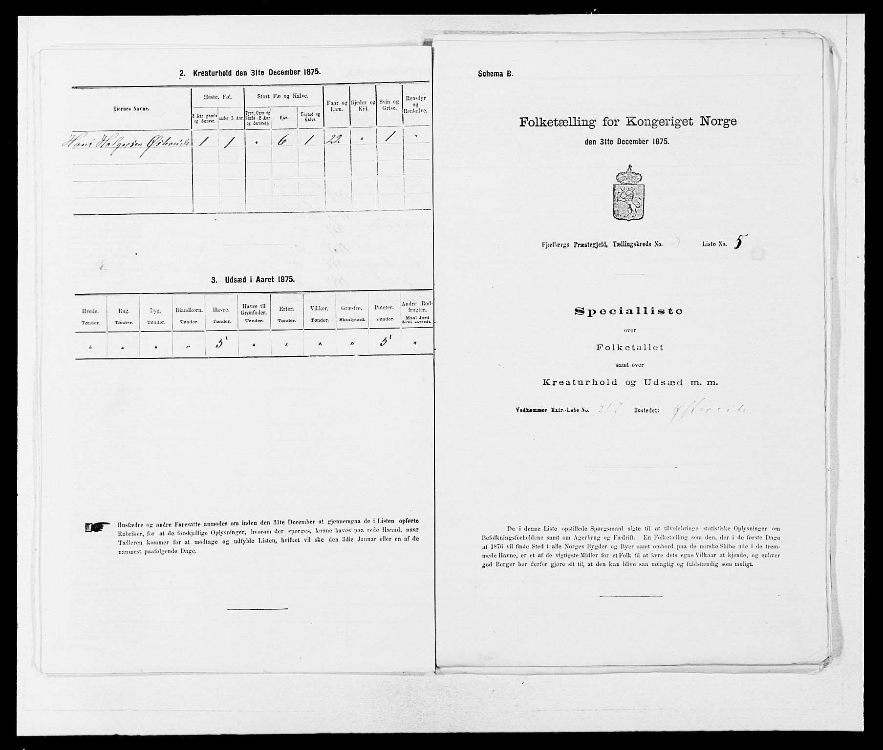 SAB, 1875 census for 1213P Fjelberg, 1875, p. 265